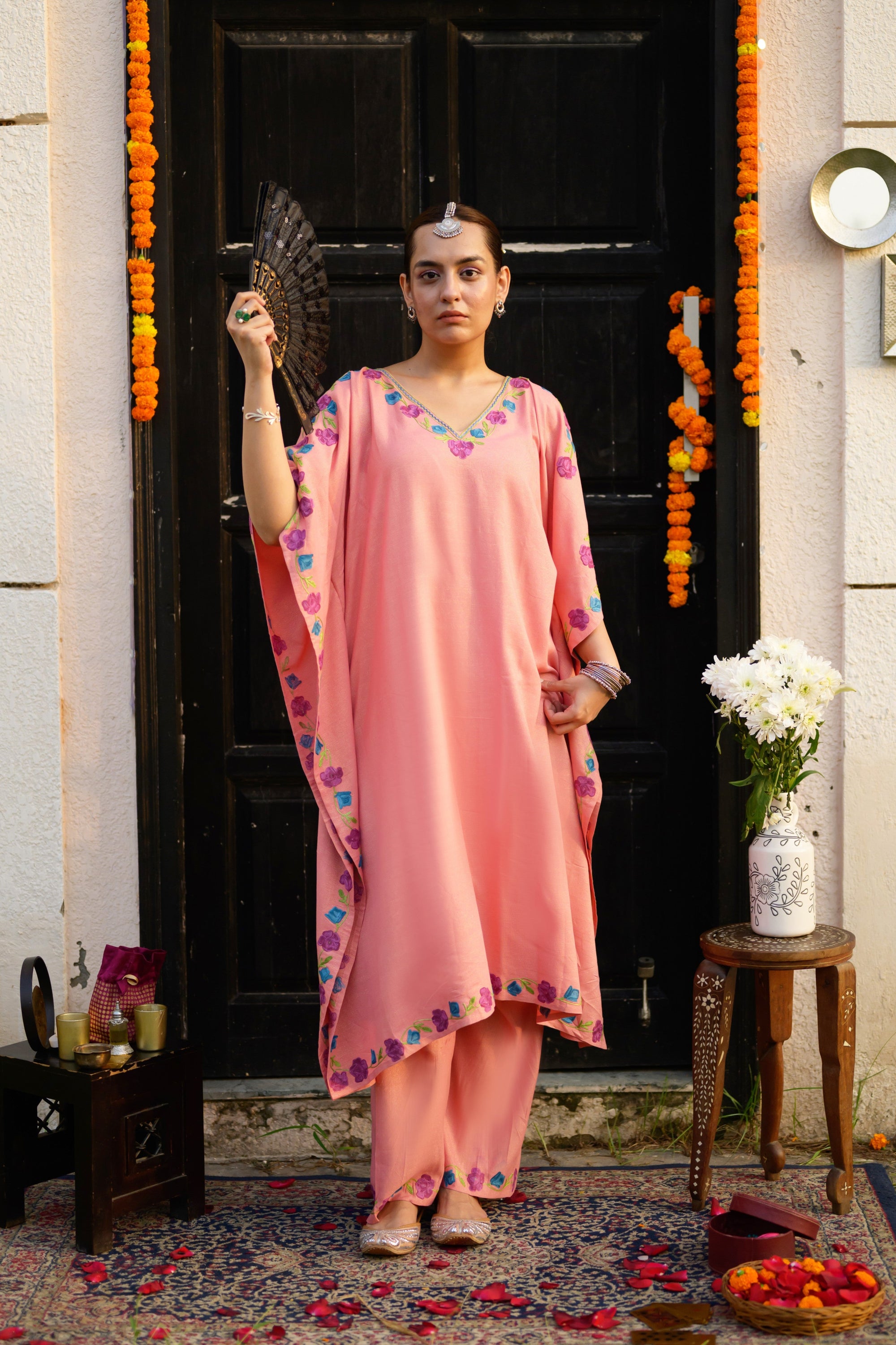 Laiba Pink Kashmiri Kaftan Kurta Set with Pants