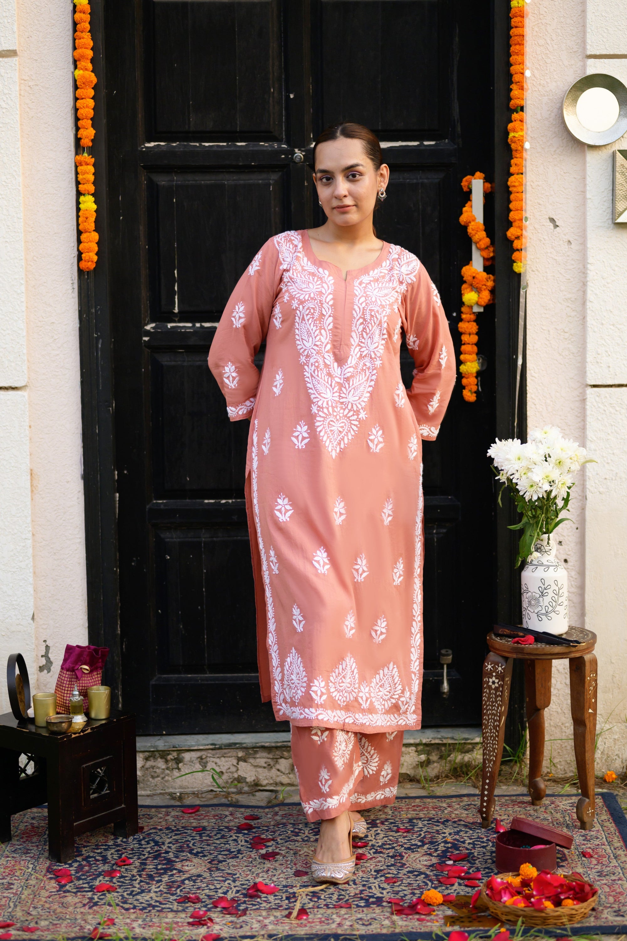 Afifa Orange Chikankari Kurta and Pants Set