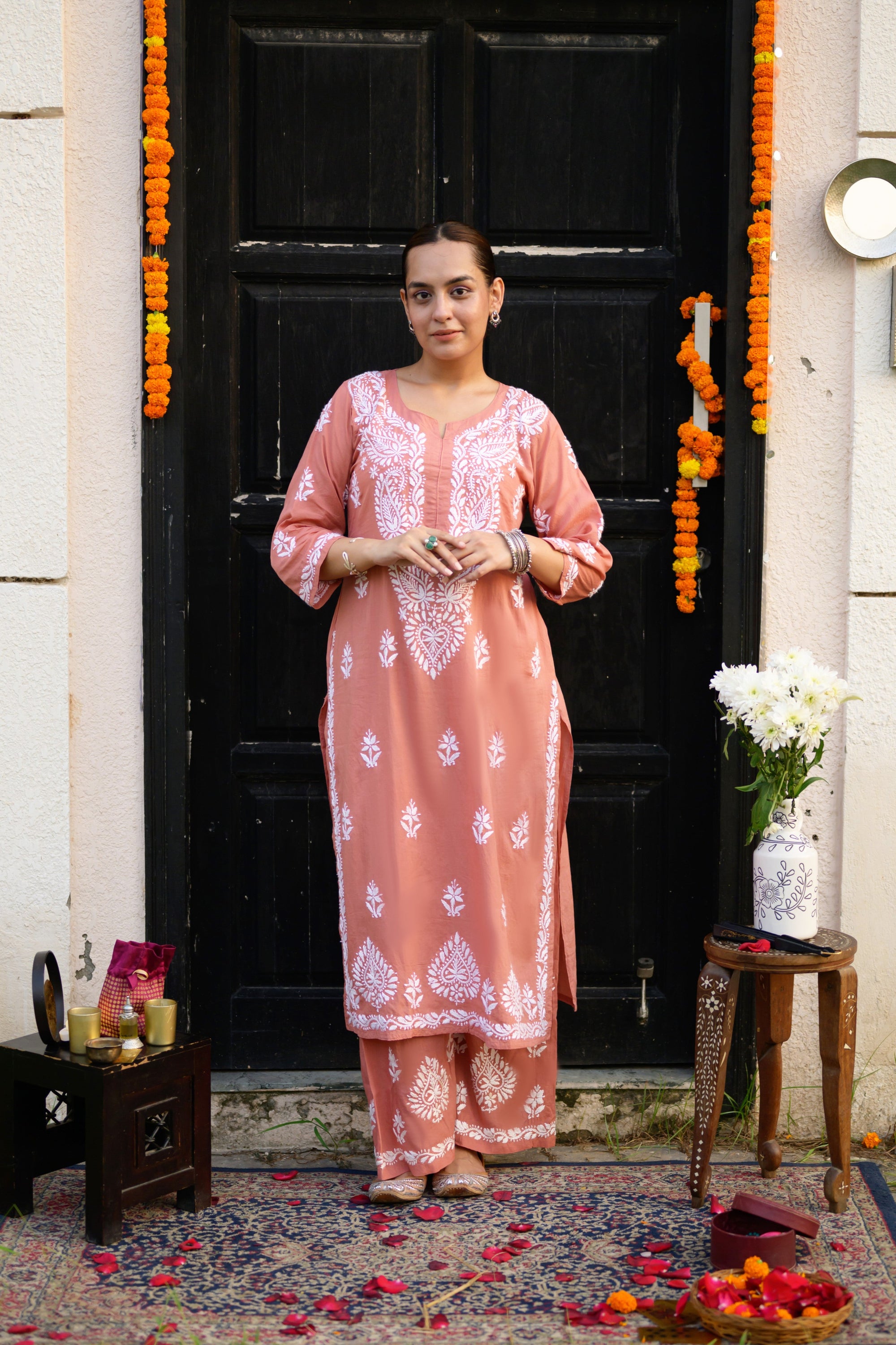 Afifa Orange Chikankari Kurta and Pants Set