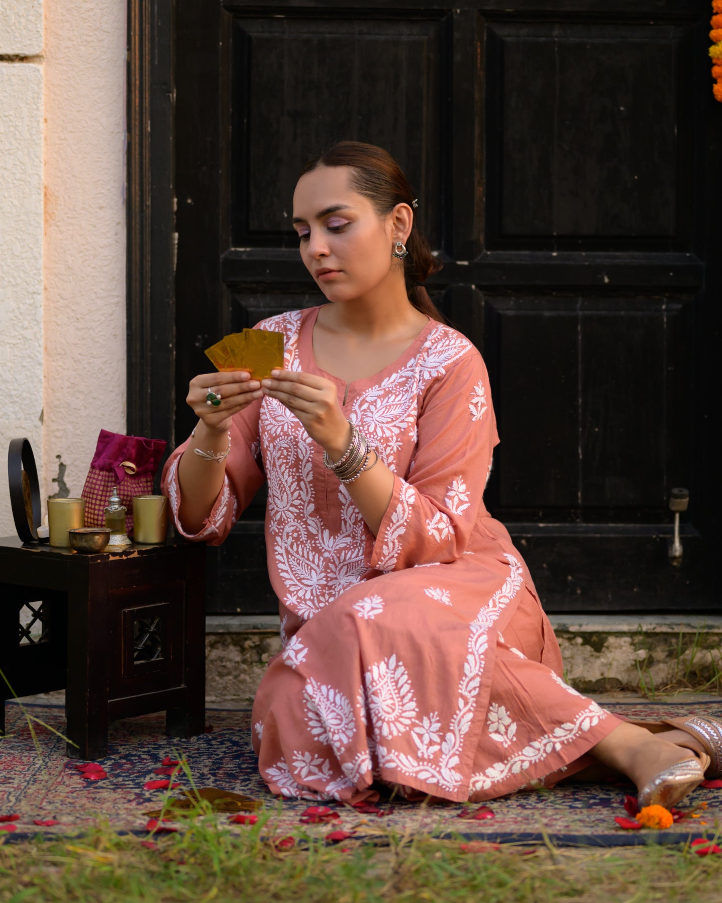 Afifa Orange Chikankari Kurta and Pants Set