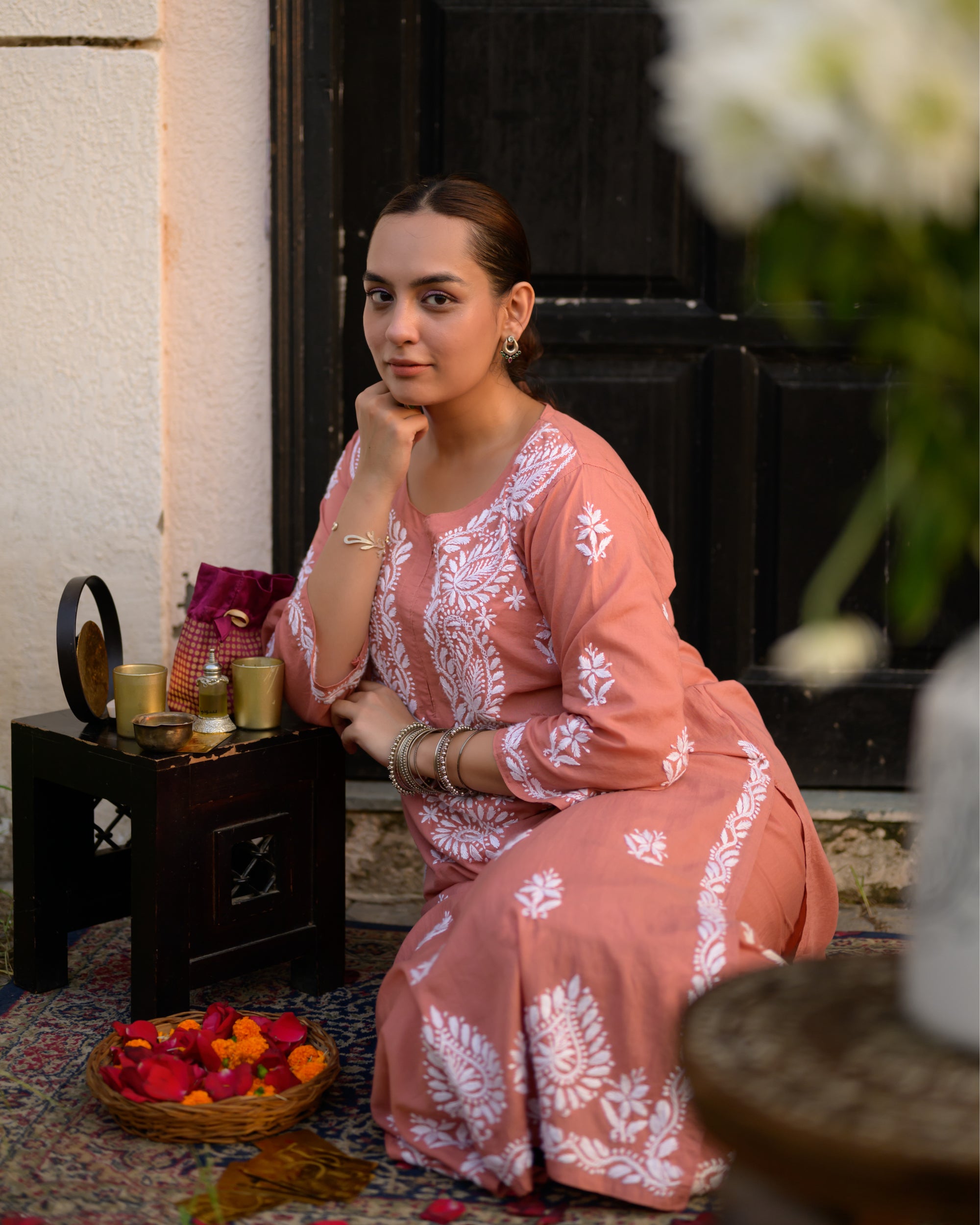 Afifa Orange Chikankari Kurta and Pants Set