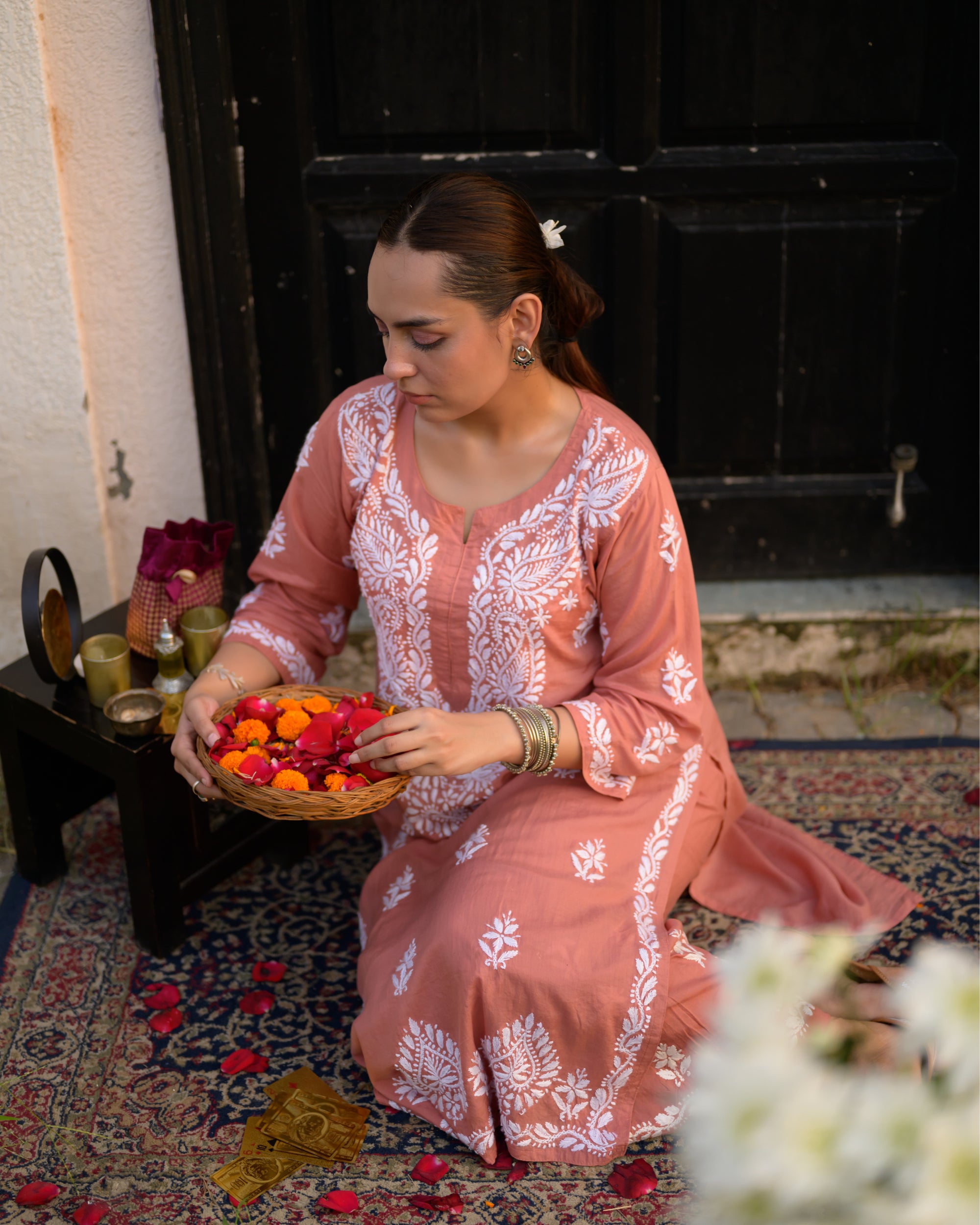 Afifa Orange Chikankari Kurta and Pants Set