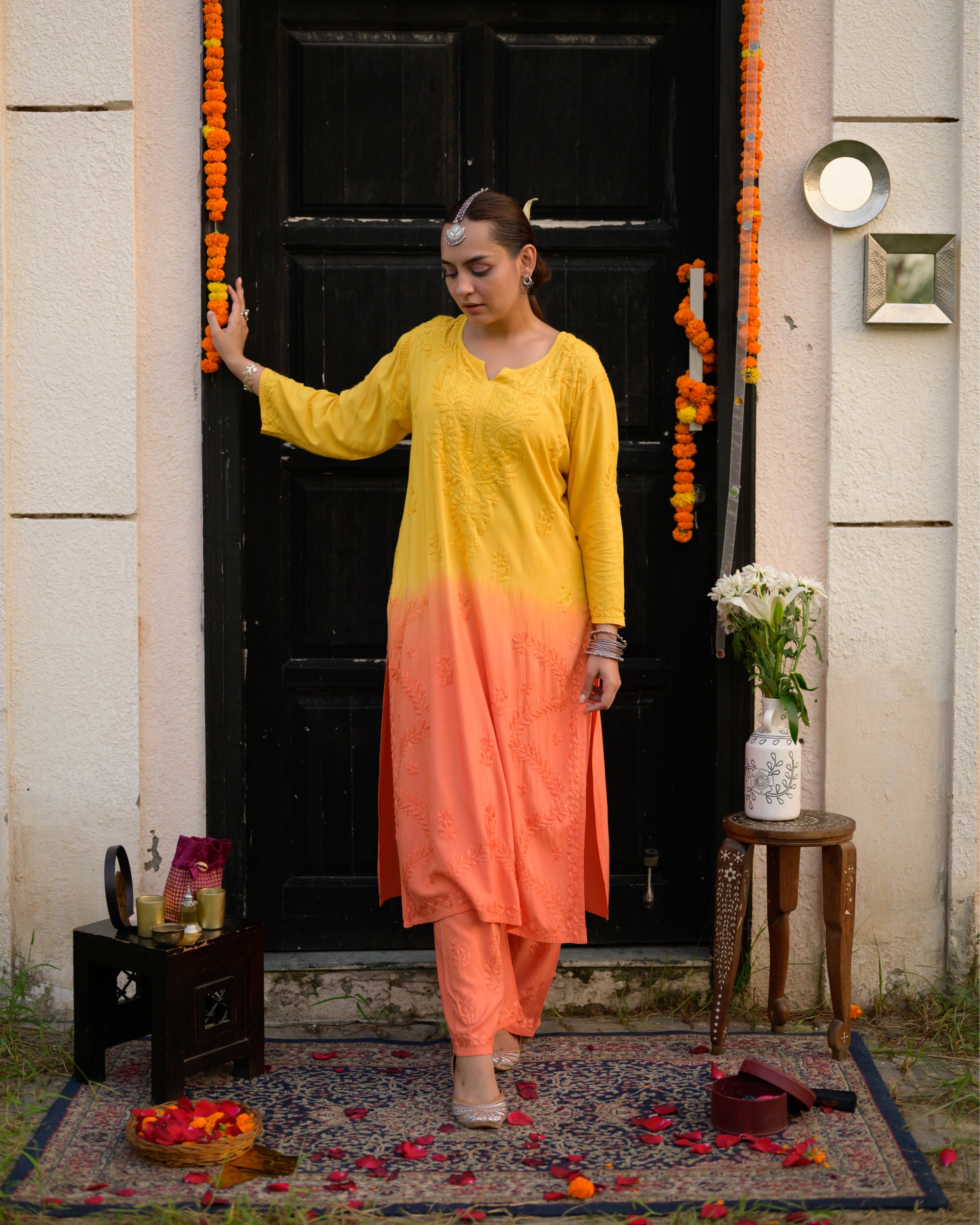Arz Sunflower Ombre Chikankari Kurta and Pants Set