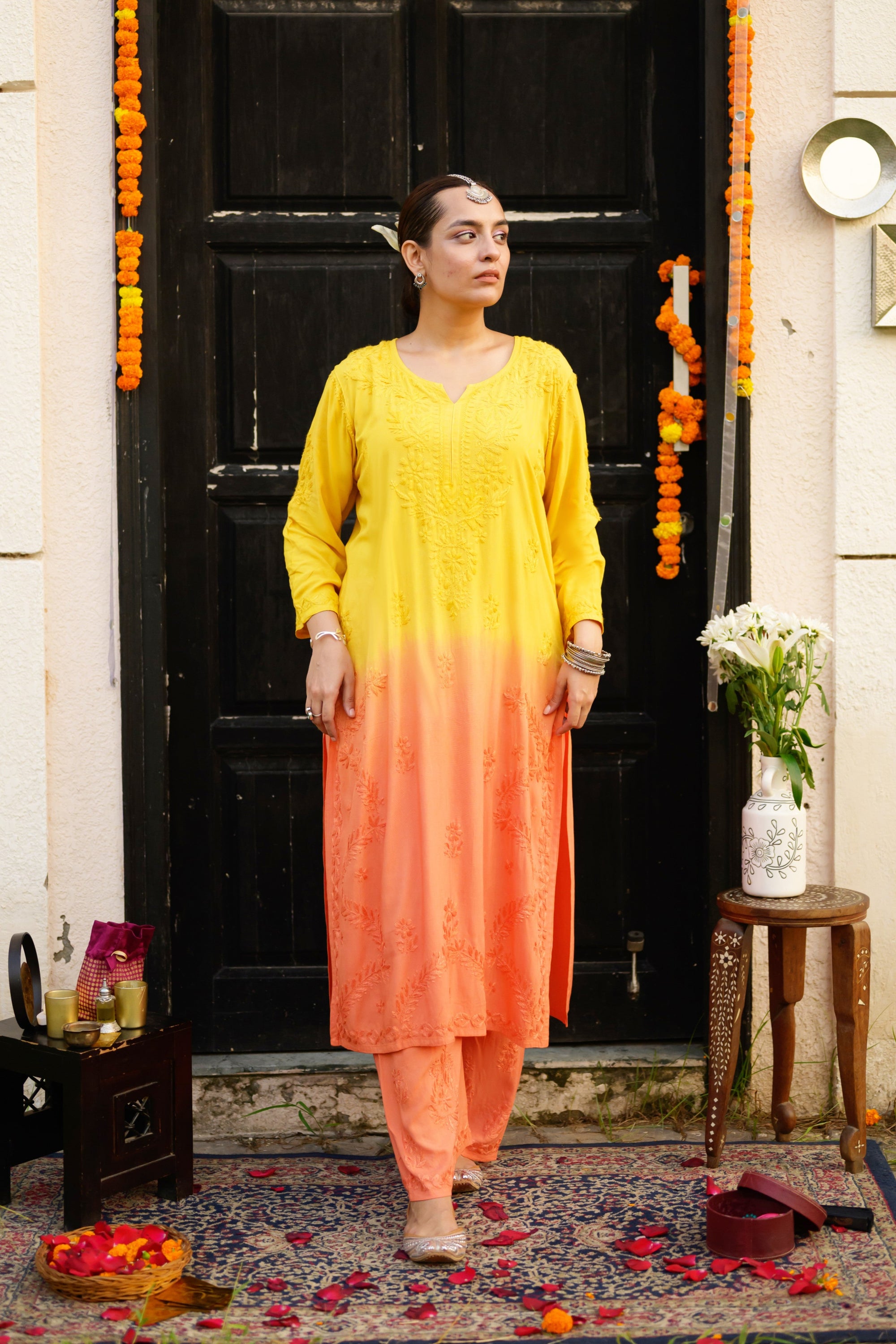 Arz Sunflower Ombre Chikankari Kurta and Pants Set