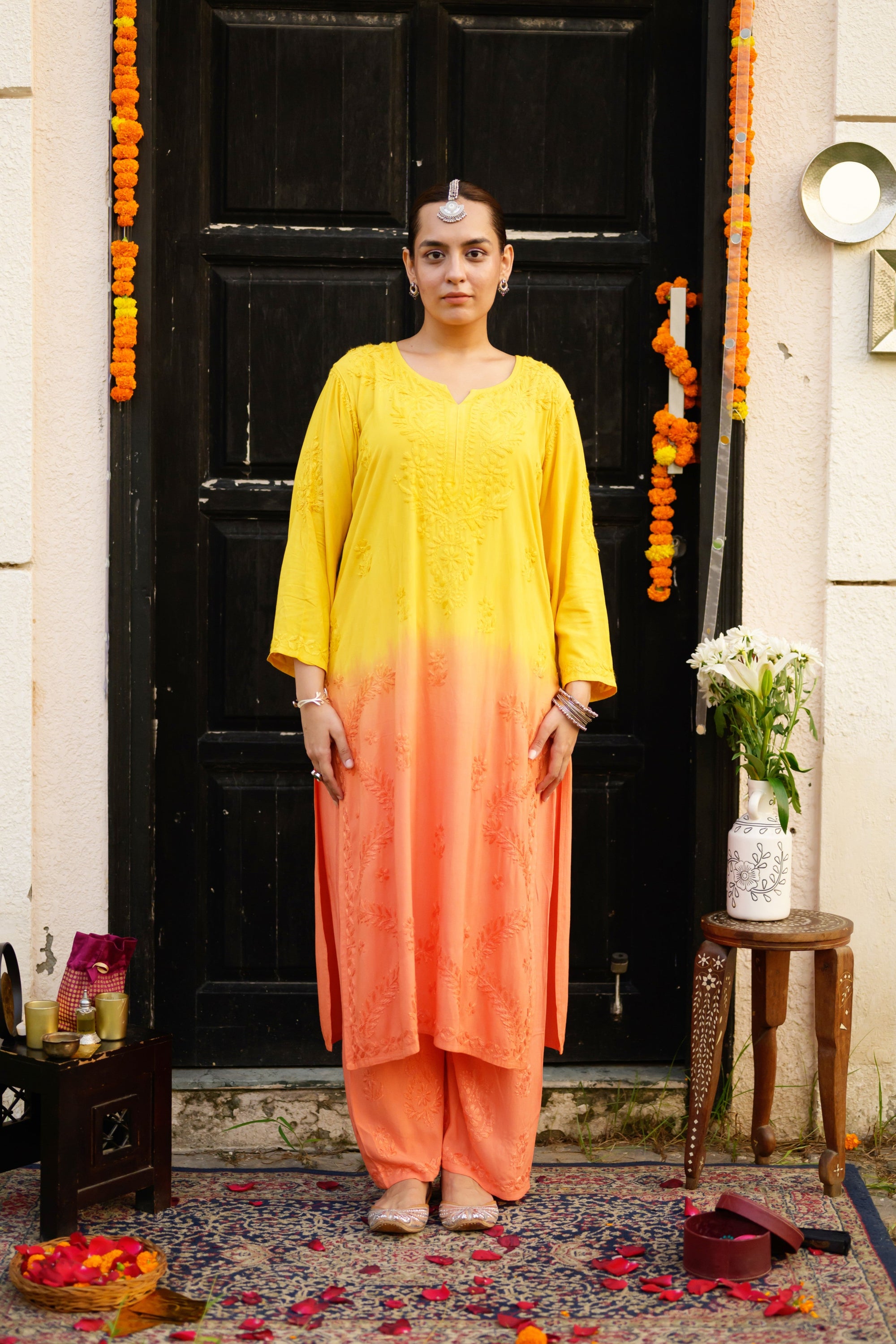 Arz Sunflower Ombre Chikankari Kurta and Pants Set
