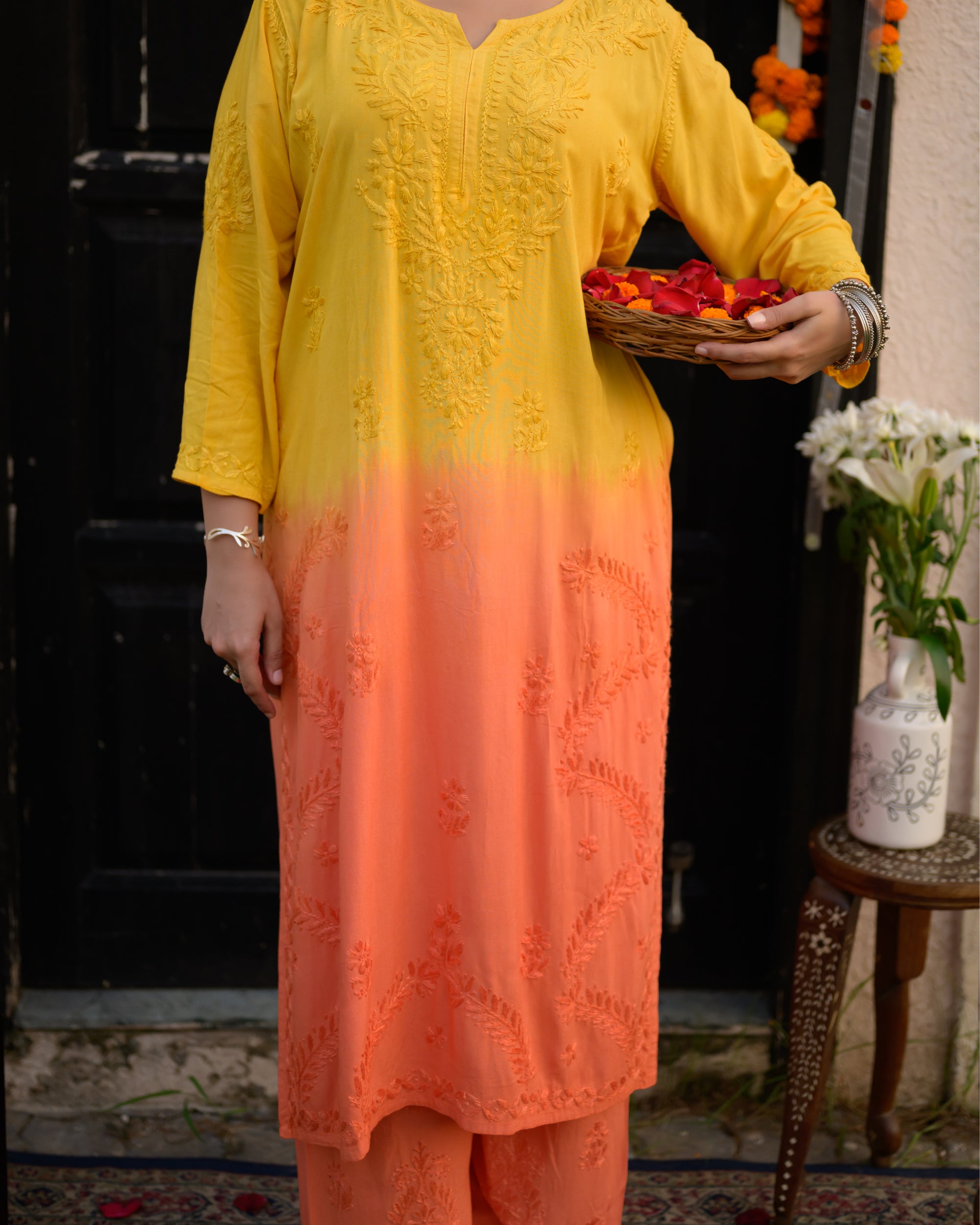 Arz Sunflower Ombre Chikankari Kurta and Pants Set