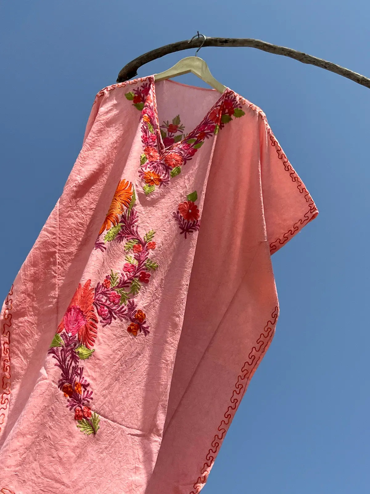 Peach Kashmiri Aari Summer Short Kaftan
