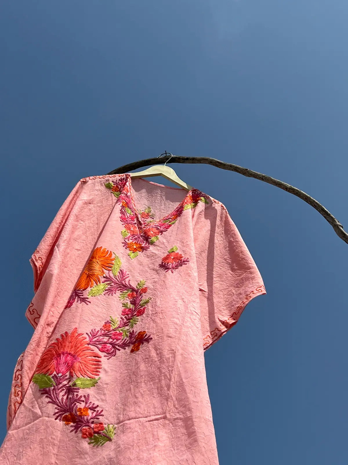 Peach Kashmiri Aari Summer Short Kaftan