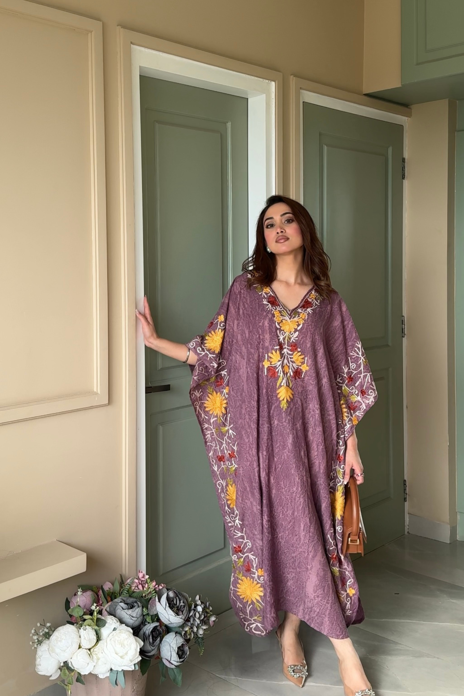 Mauve Aari Embroidered Kashmiri Long Cotton Kaftan