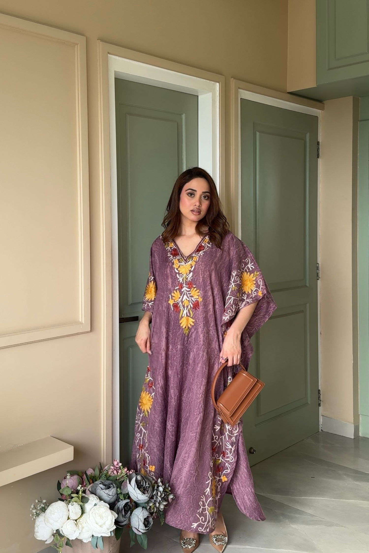 Mauve Aari Embroidered Kashmiri Long Cotton Kaftan