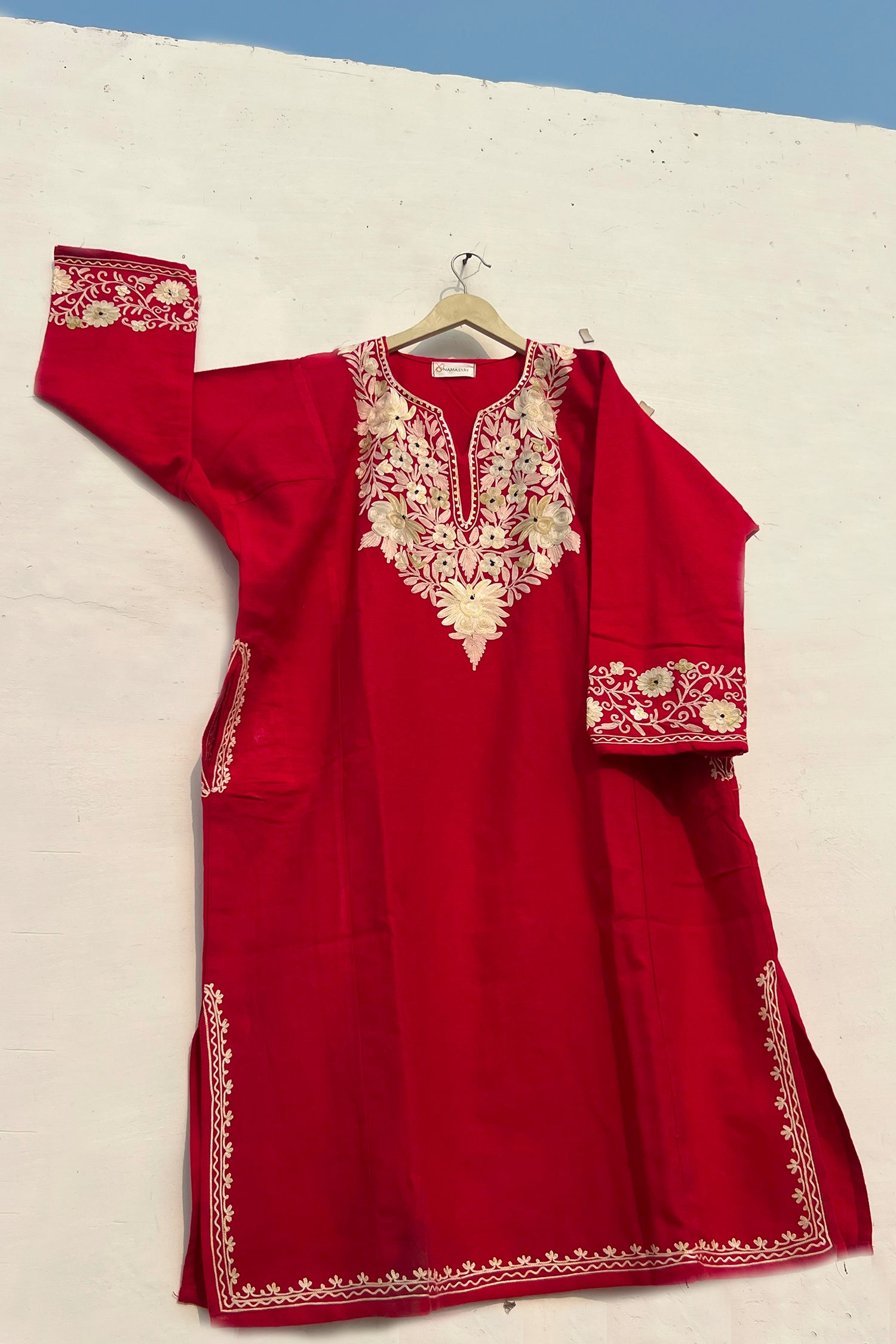Lila_Kashmiri_Embroidered_Red_Woollen_Phiran_shop_Namastay