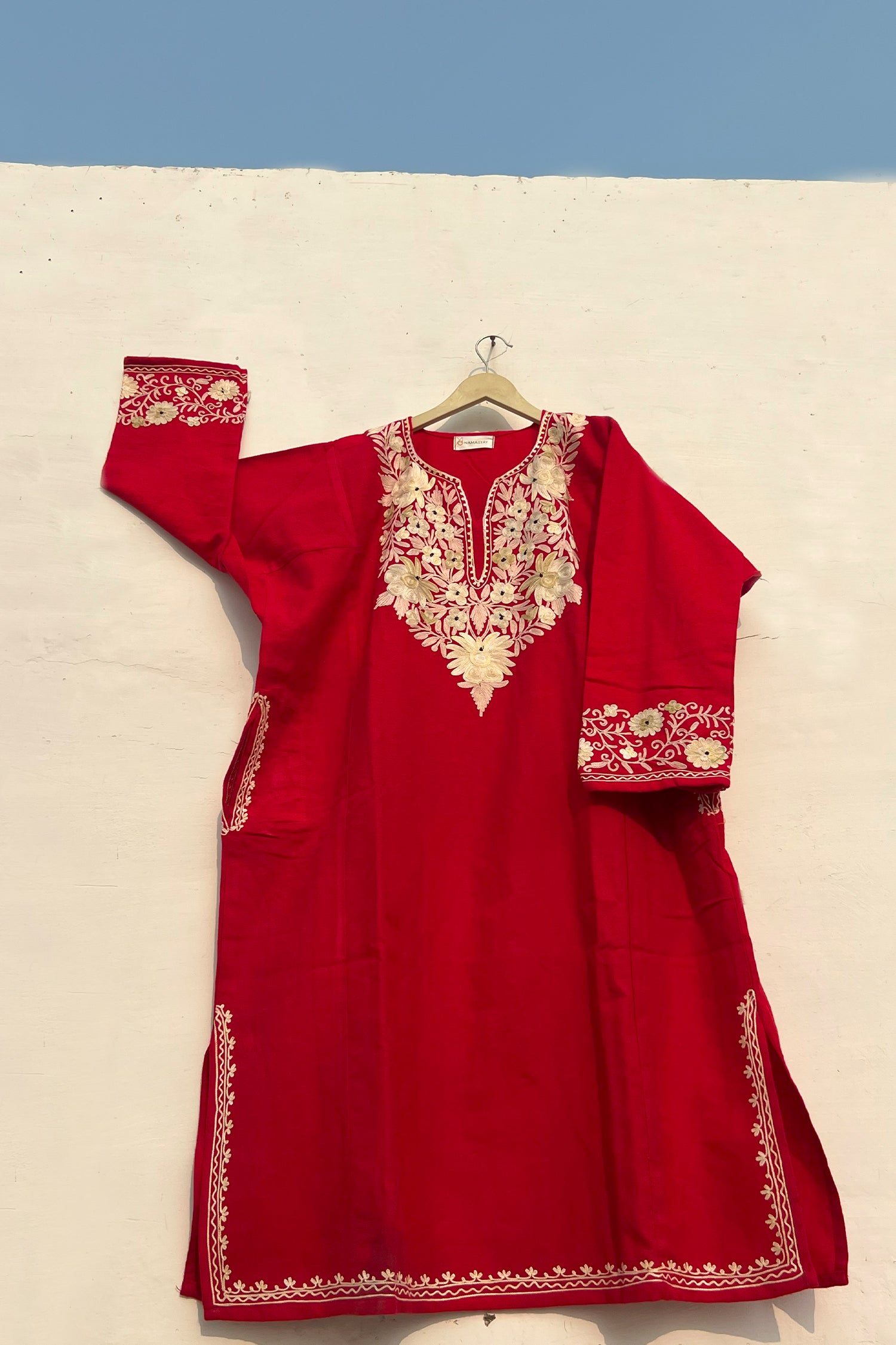Lila_Kashmiri_Embroidered_Red_Woollen_Phiran_shop_Namastay