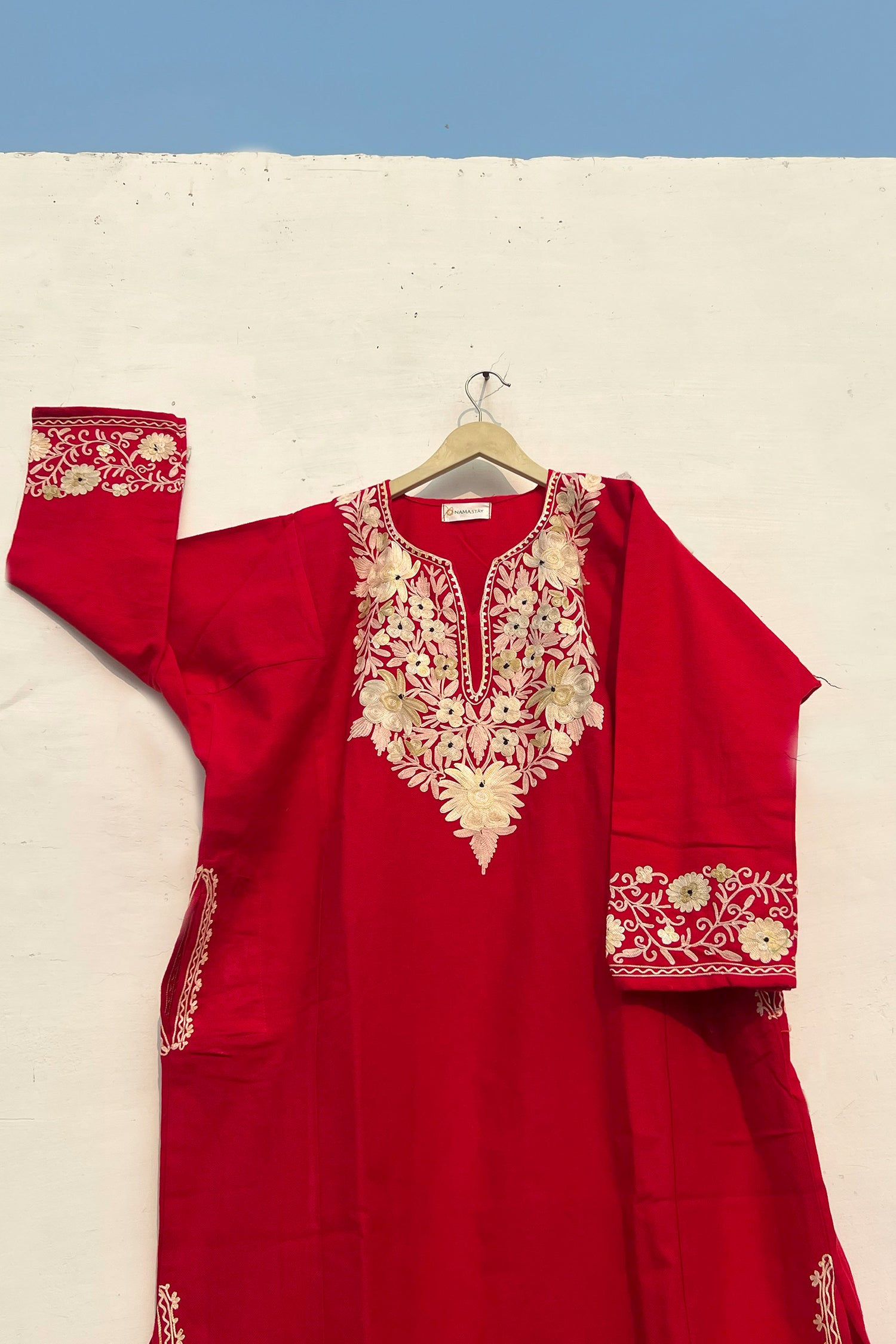 Lila_Kashmiri_Embroidered_Red_Woollen_Phiran_shop_Namastay