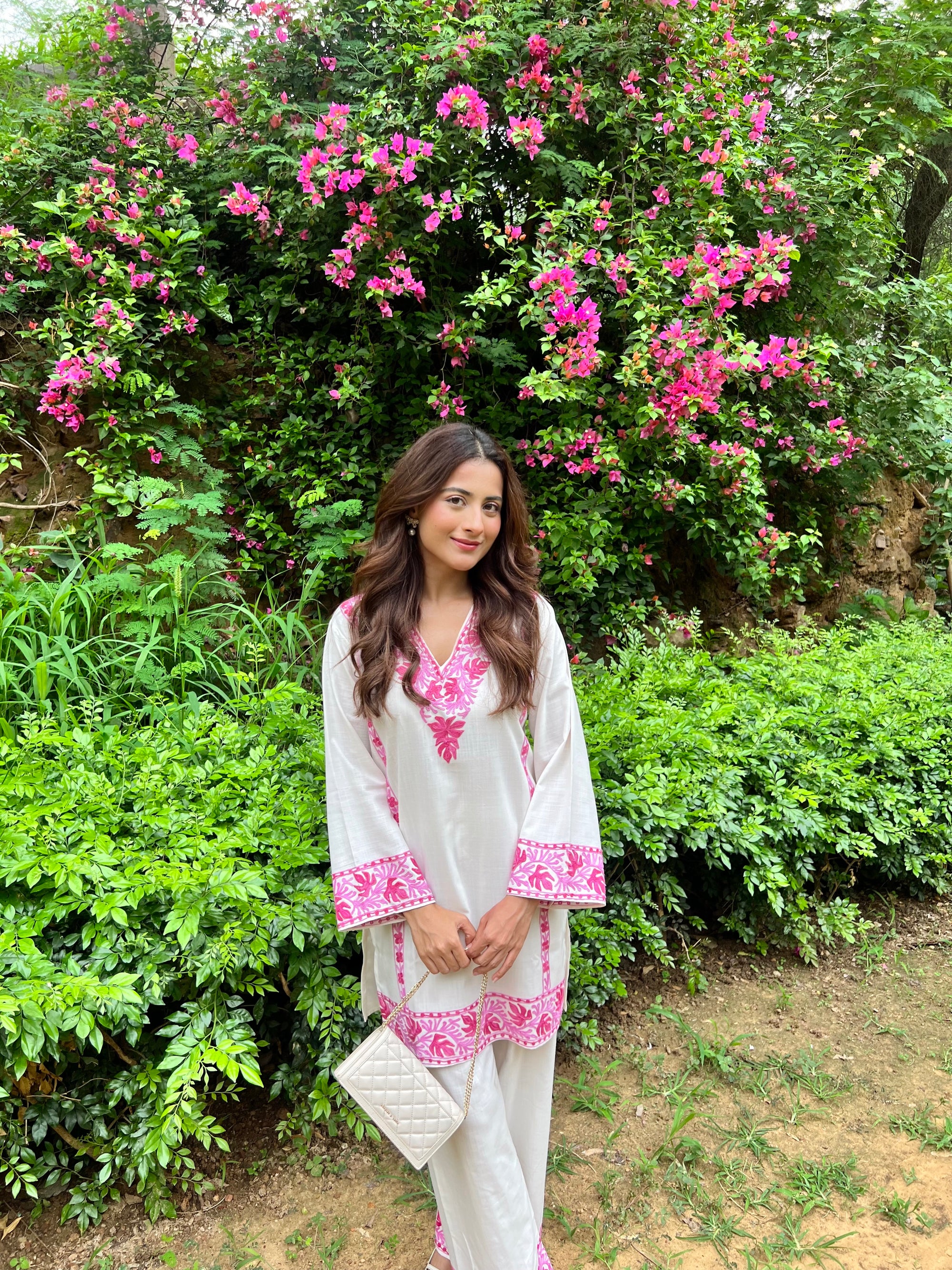 Alia Pink Cotton Kashmiri Kurta and Pants Set