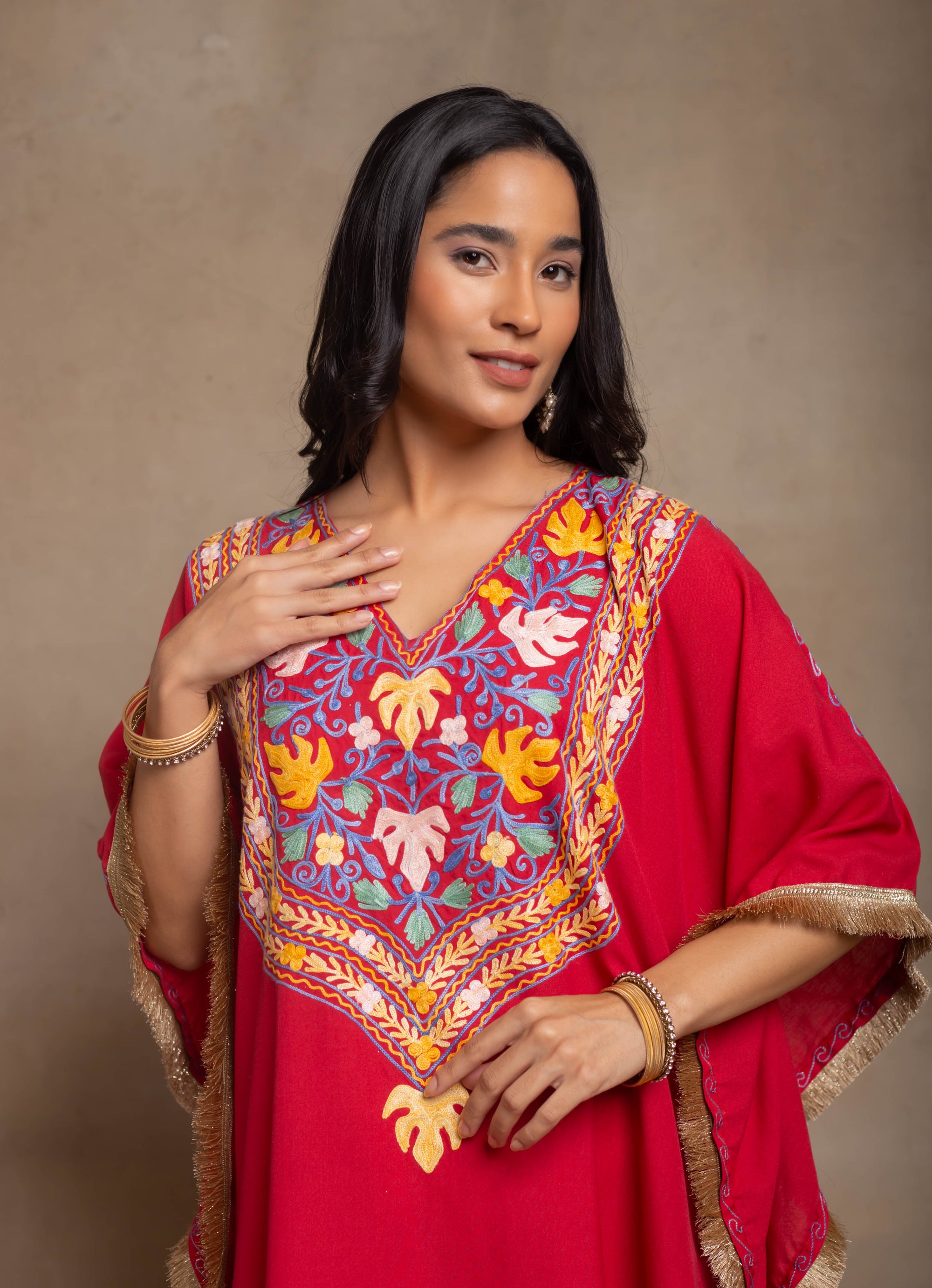 Myra Red Fringe Kashmiri Cotton Kaftan Coord Set
