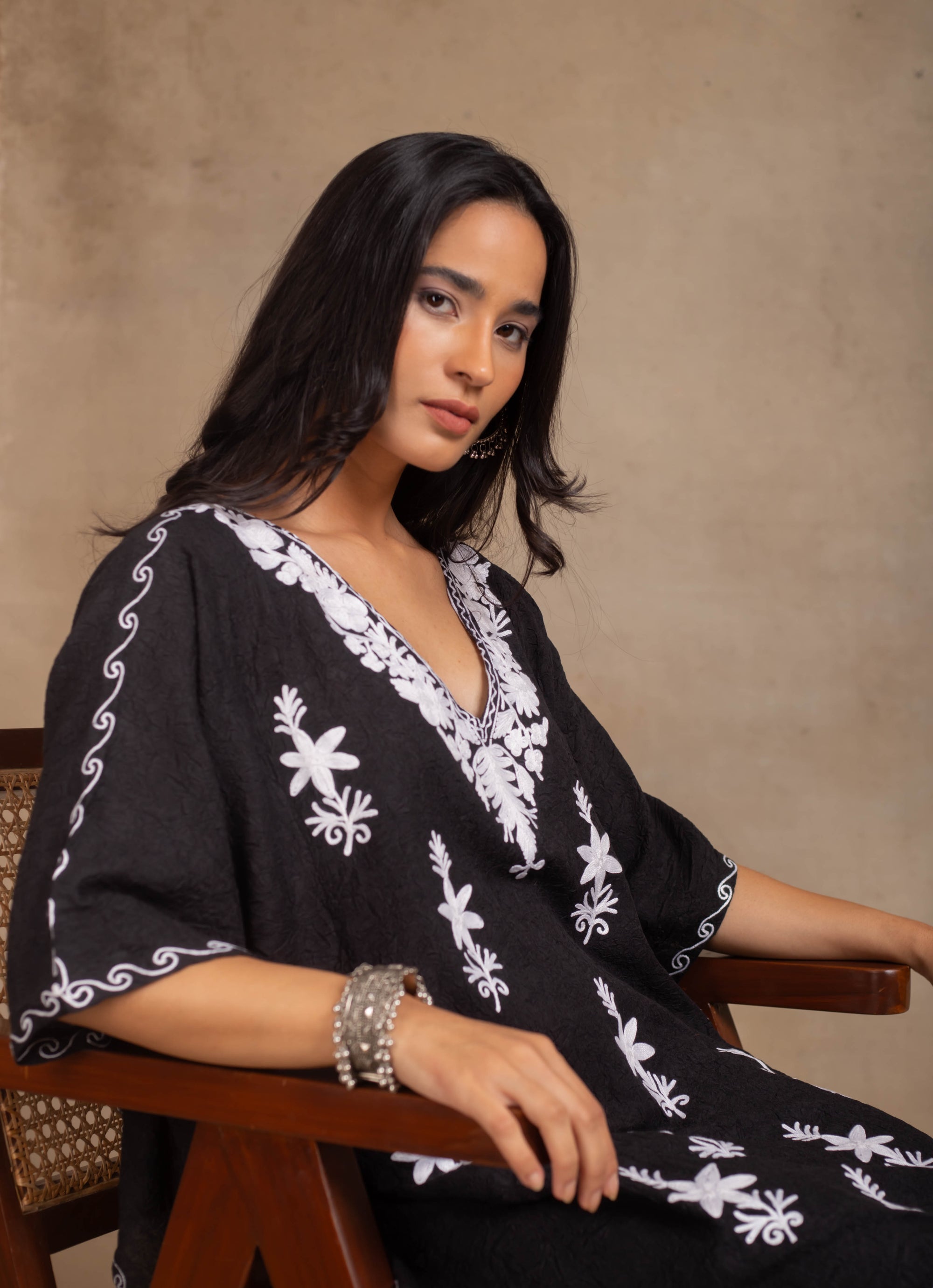 Mahreen Black Kashmiri Cotton Kaftan Coord Set