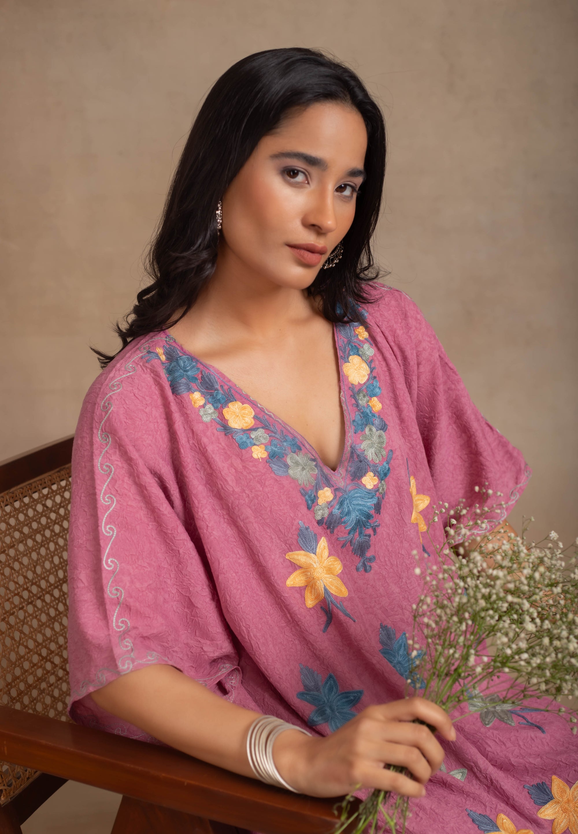 Rida Blush Pink Kashmiri Cotton Kaftan Coord Set