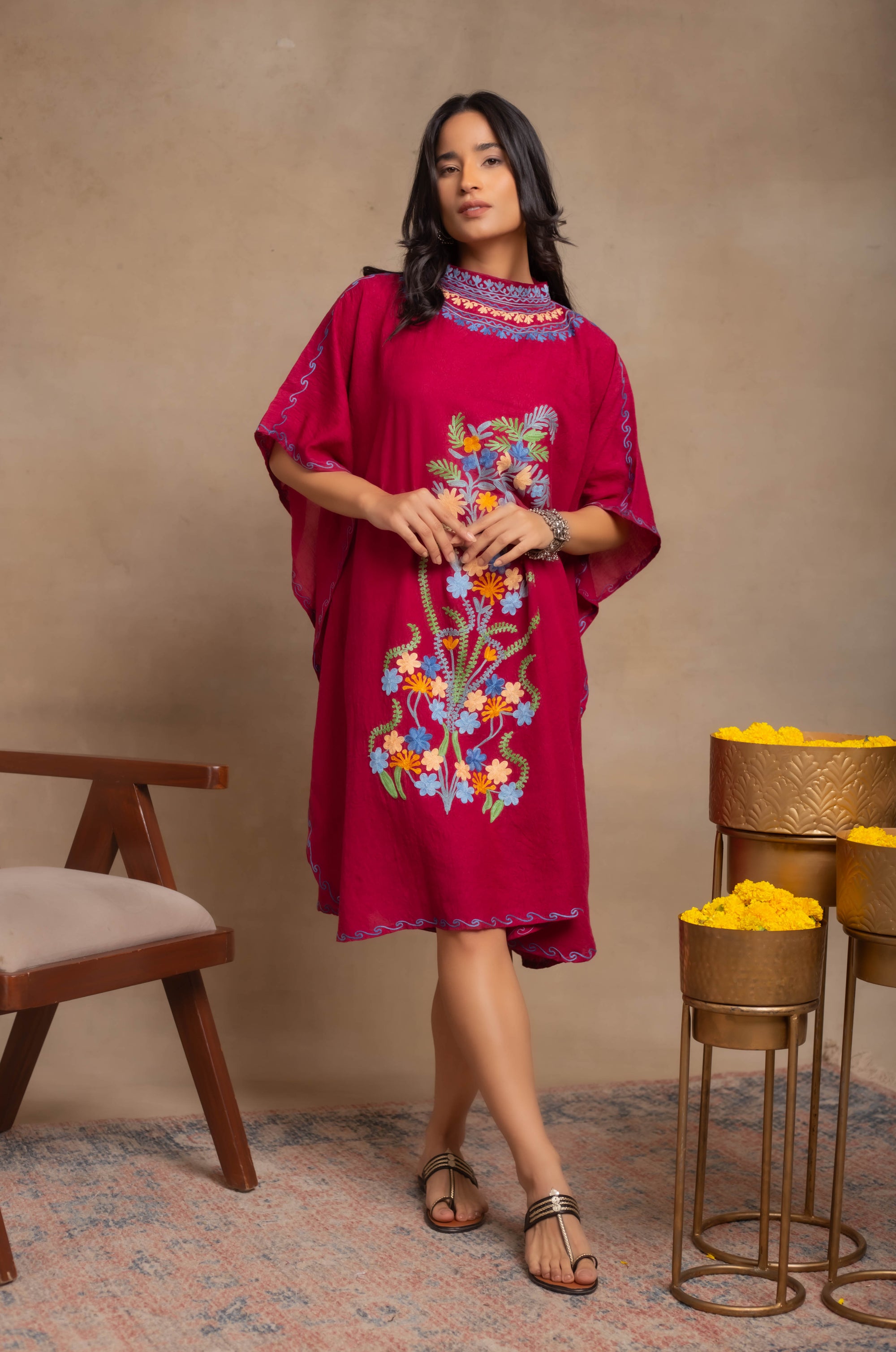 Beet_Red_Kashmiri_Summer_Short_Cotton_Kaftan_shop_Namastay