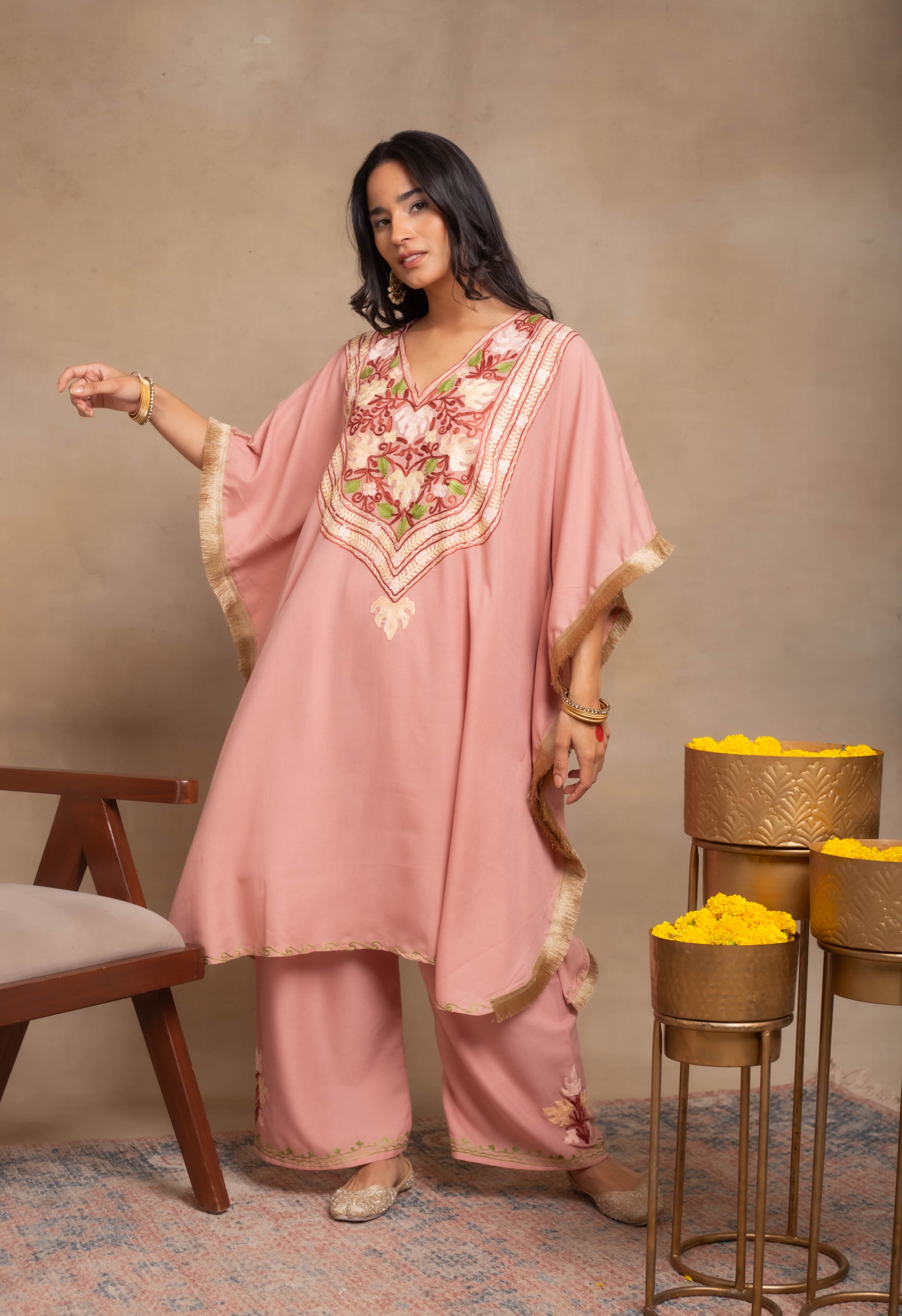 Heer_Pastel_Pink_Fringe_Kashmiri_Cotton_Kaftan_Coord_Set_shop_Namastay