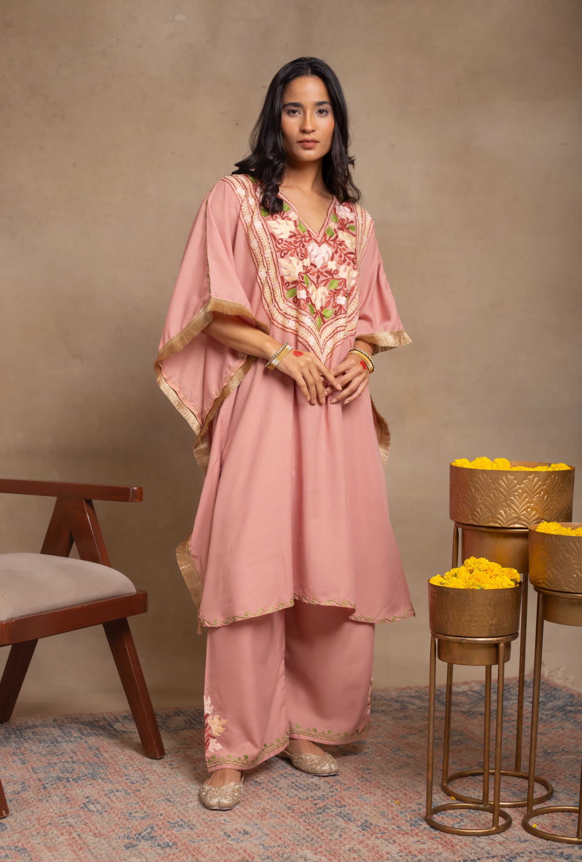 Heer_Pastel_Pink_Fringe_Kashmiri_Cotton_Kaftan_Coord_Set_shop_Namastay