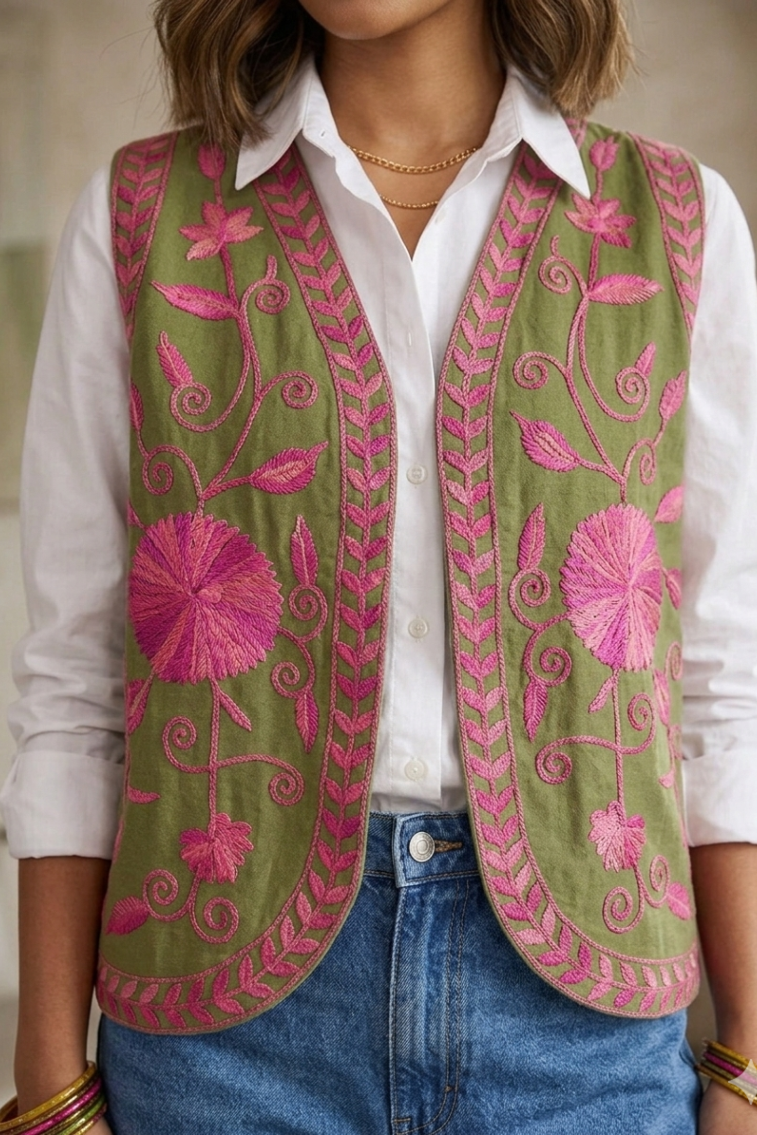 トップス vintage gilet original stitch processing Mohlat Kiwi Green Kashmiri Gilet