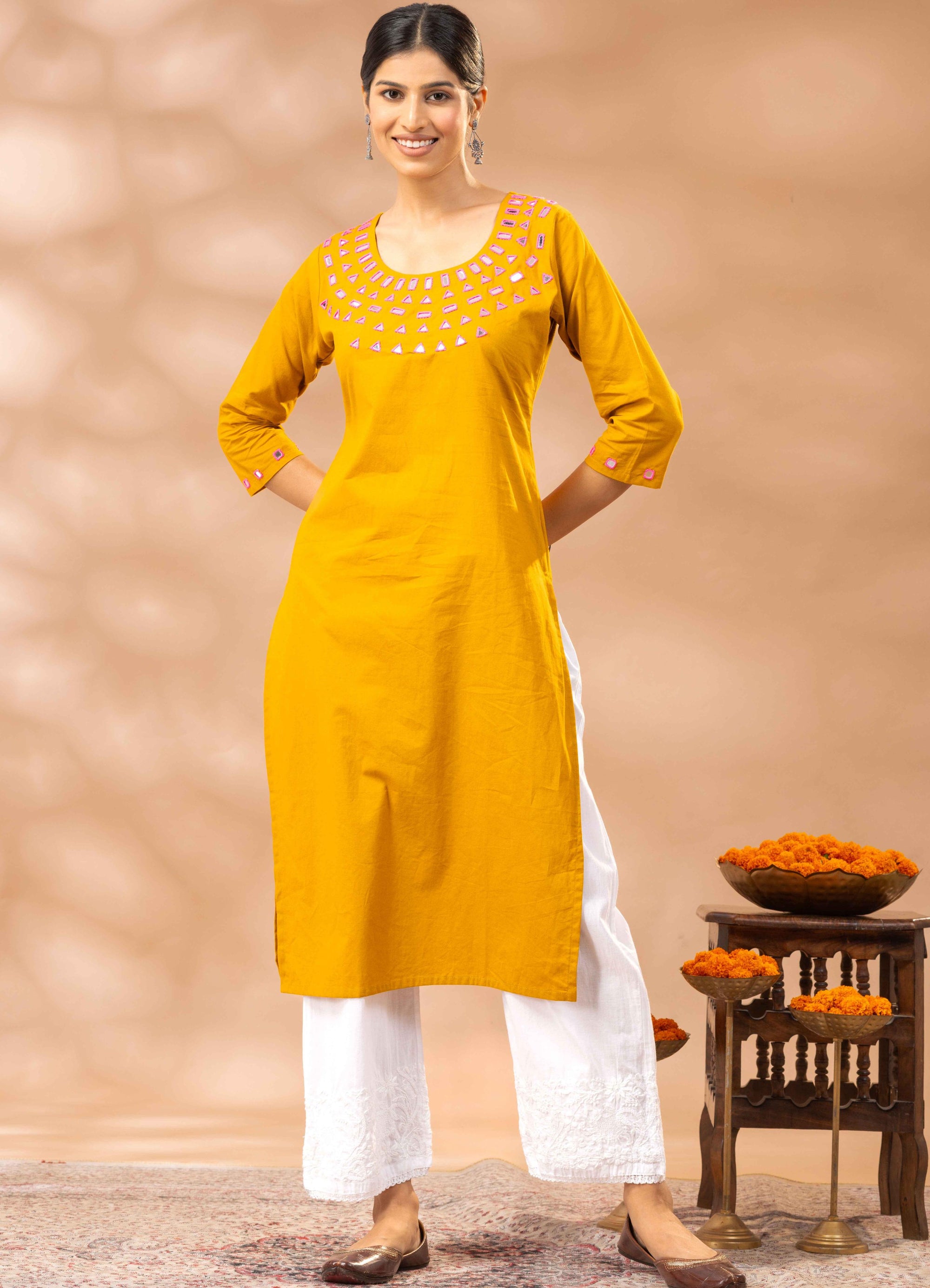 Sania Yellow Kutch Mirror Work Cotton Kurta