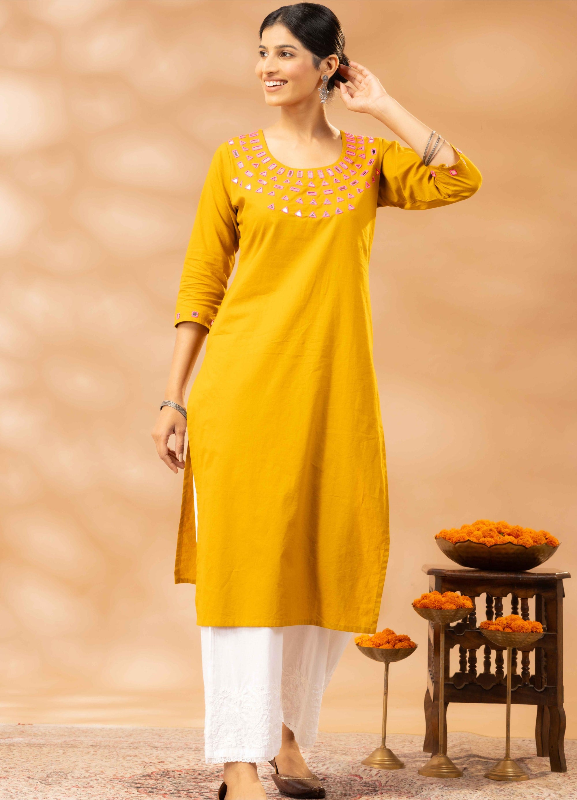 Sania Yellow Kutch Mirror Work Cotton Kurta
