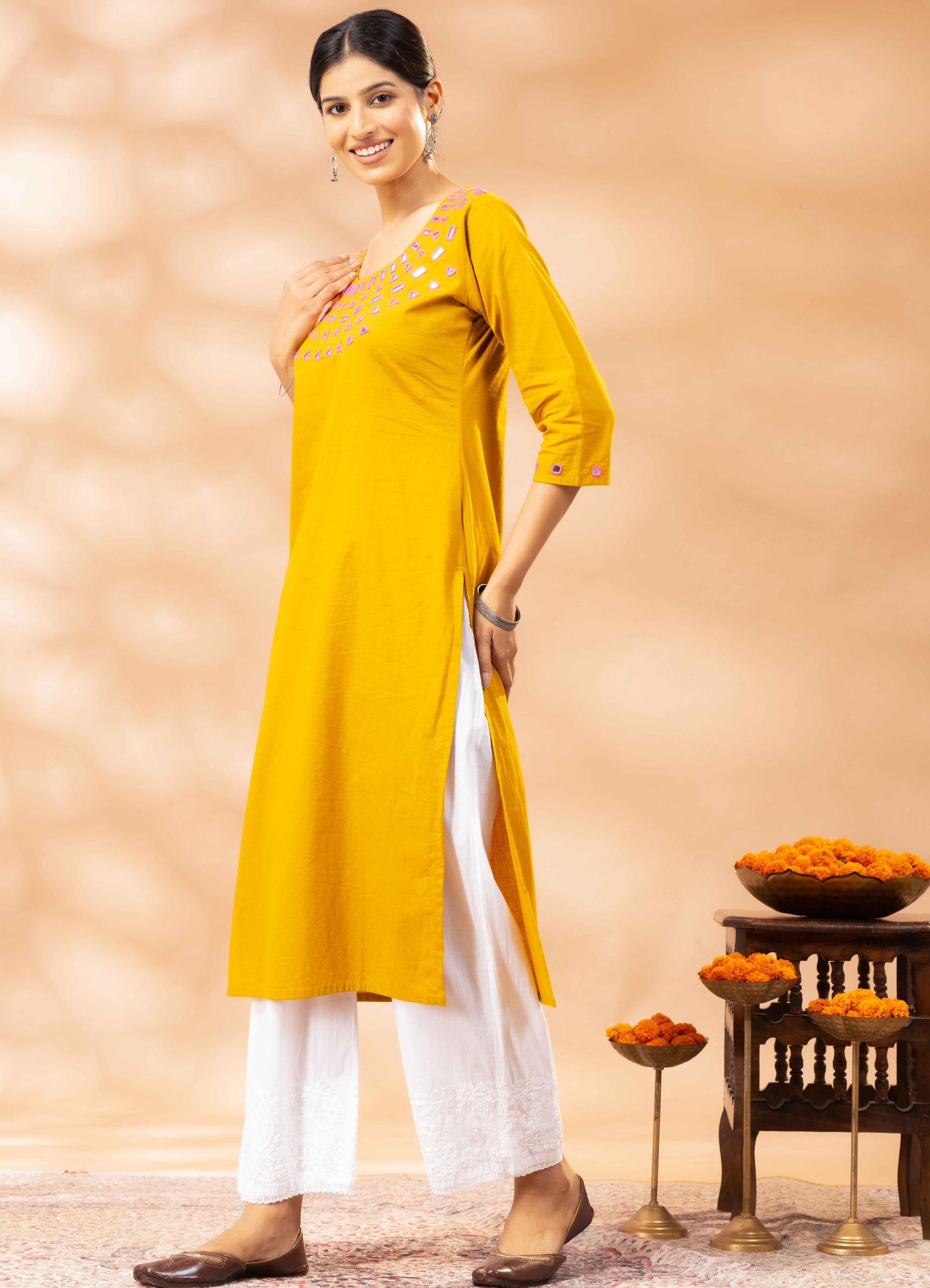 Sania Yellow Kutch Mirror Work Cotton Kurta
