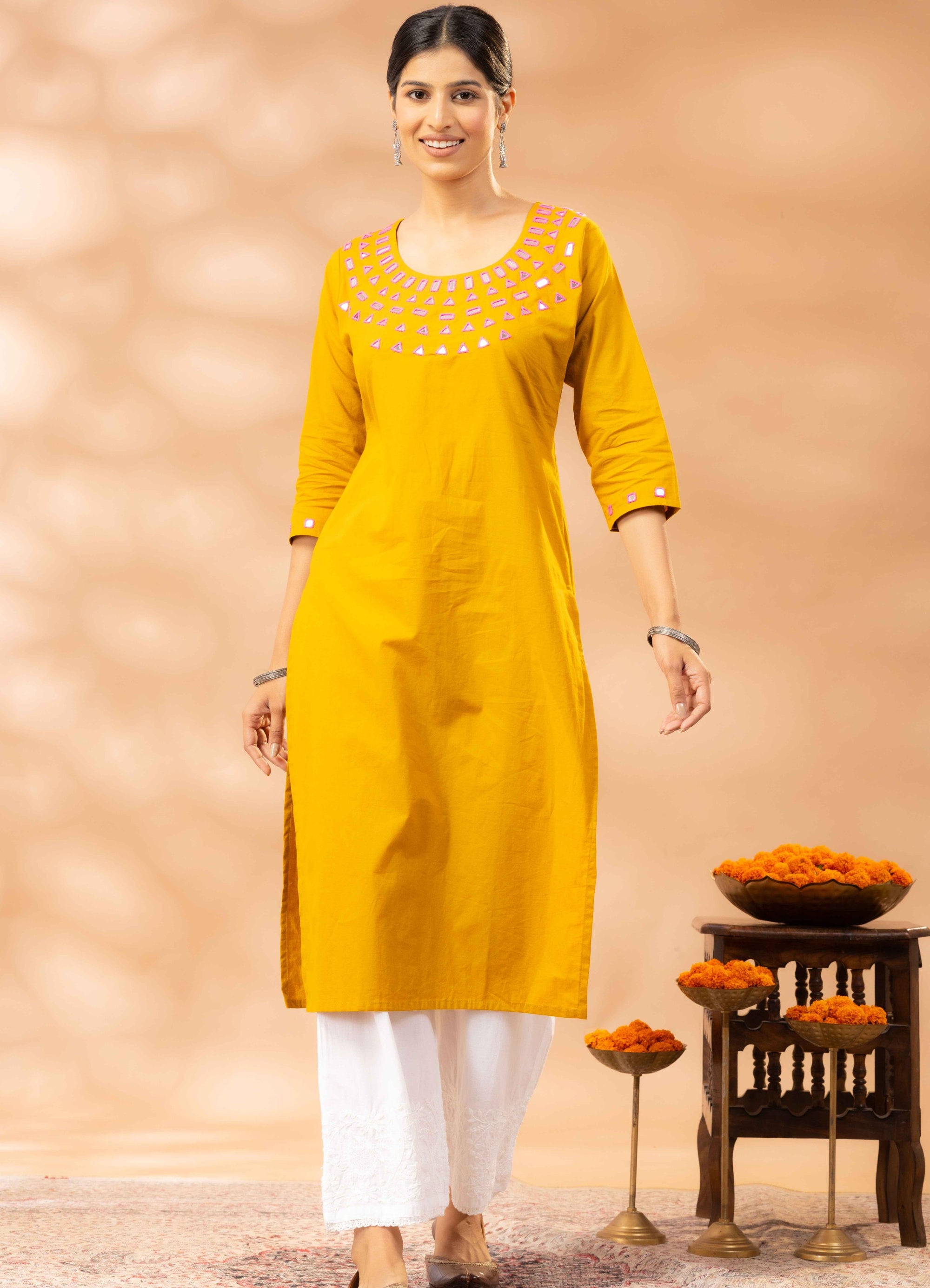 Sania Yellow Kutch Mirror Work Cotton Kurta