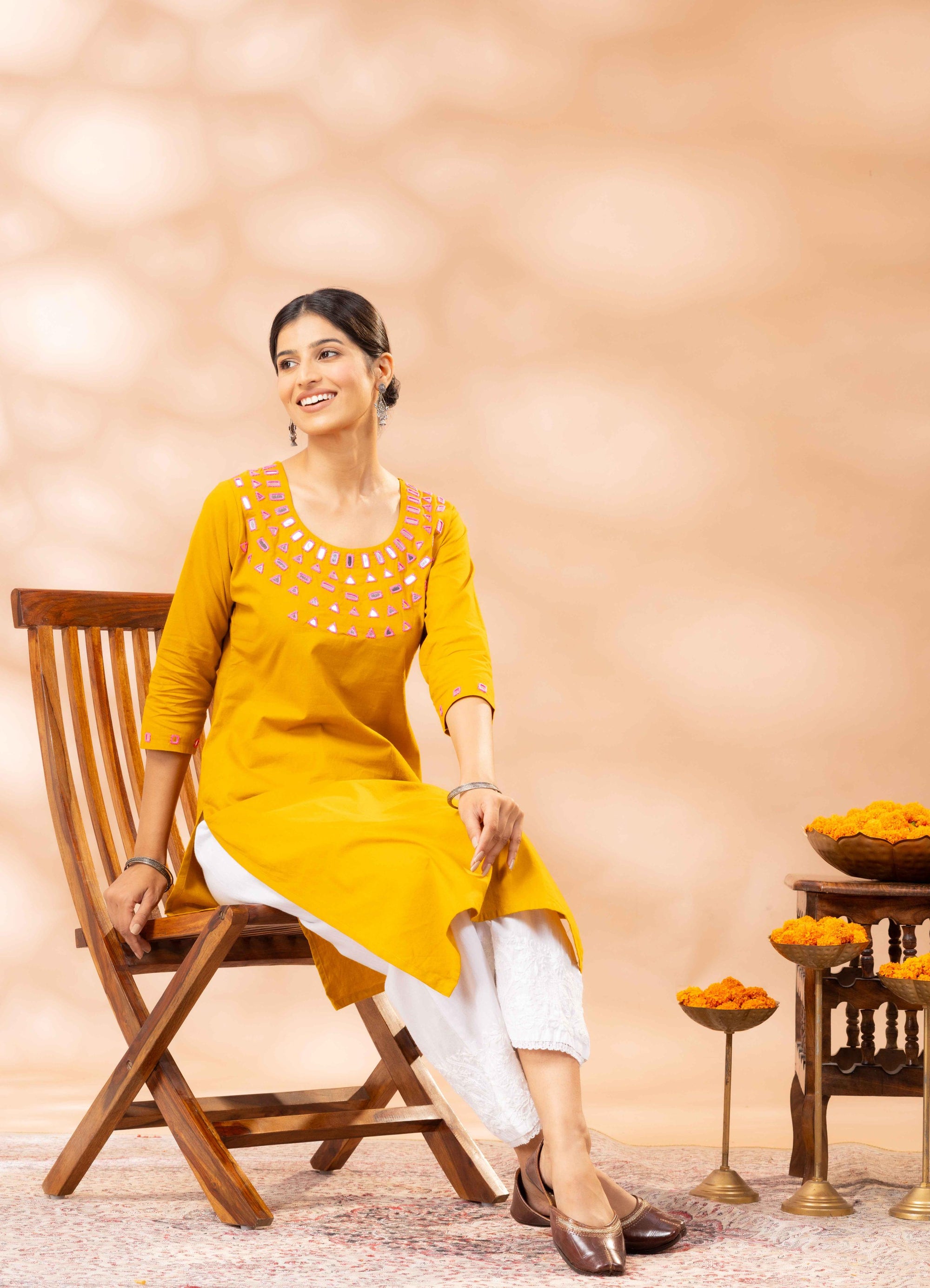 Sania Yellow Kutch Mirror Work Cotton Kurta