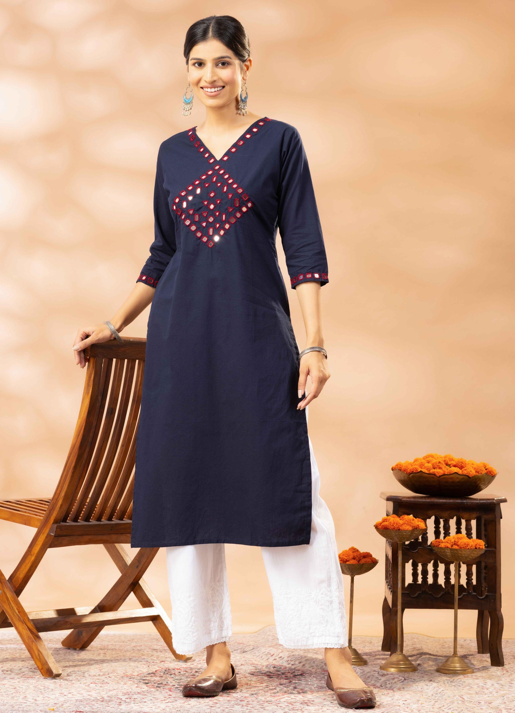Safa Blue Kutch Mirror Work Cotton Long Kurta