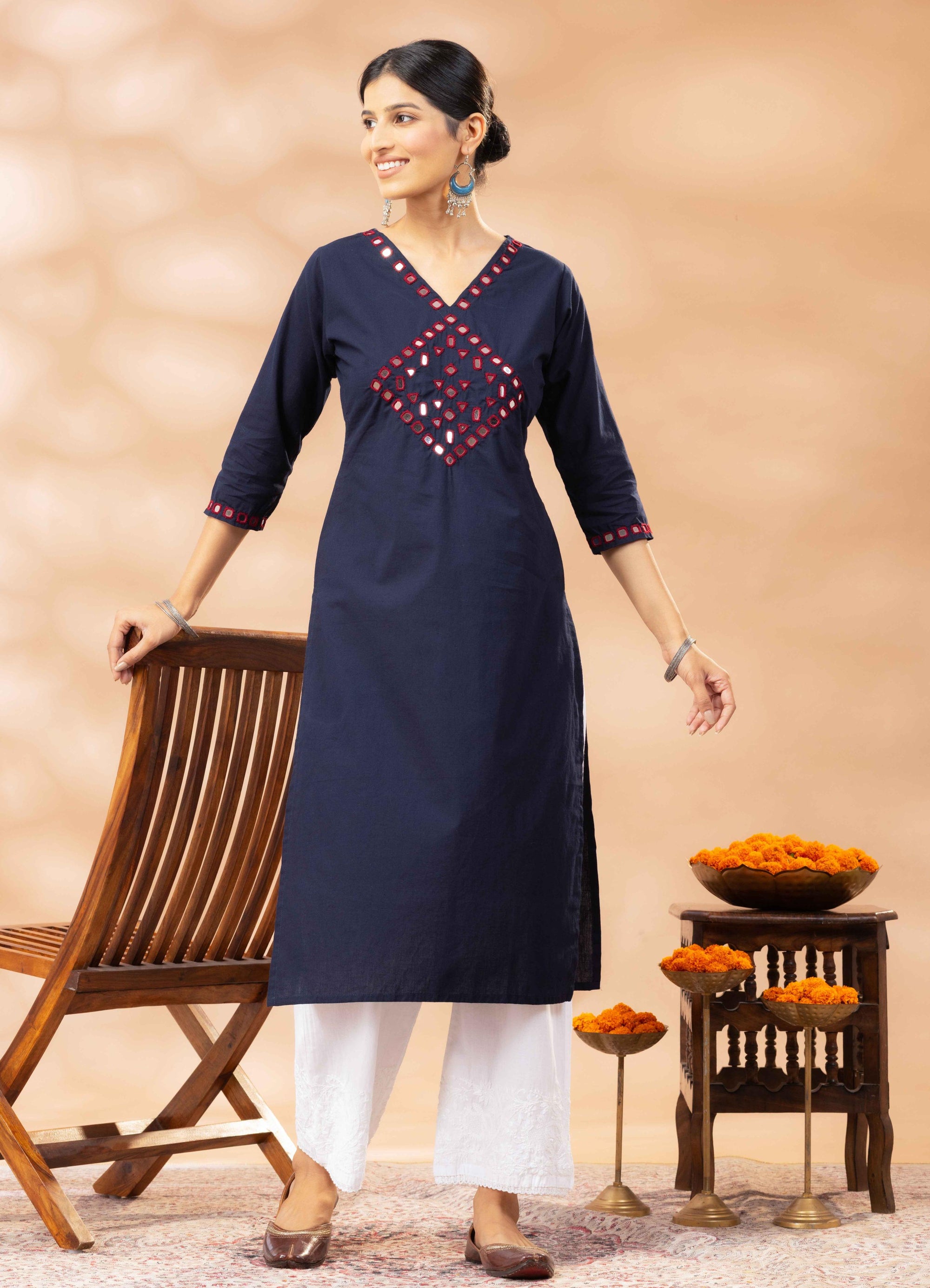 Safa Blue Kutch Mirror Work Cotton Long Kurta