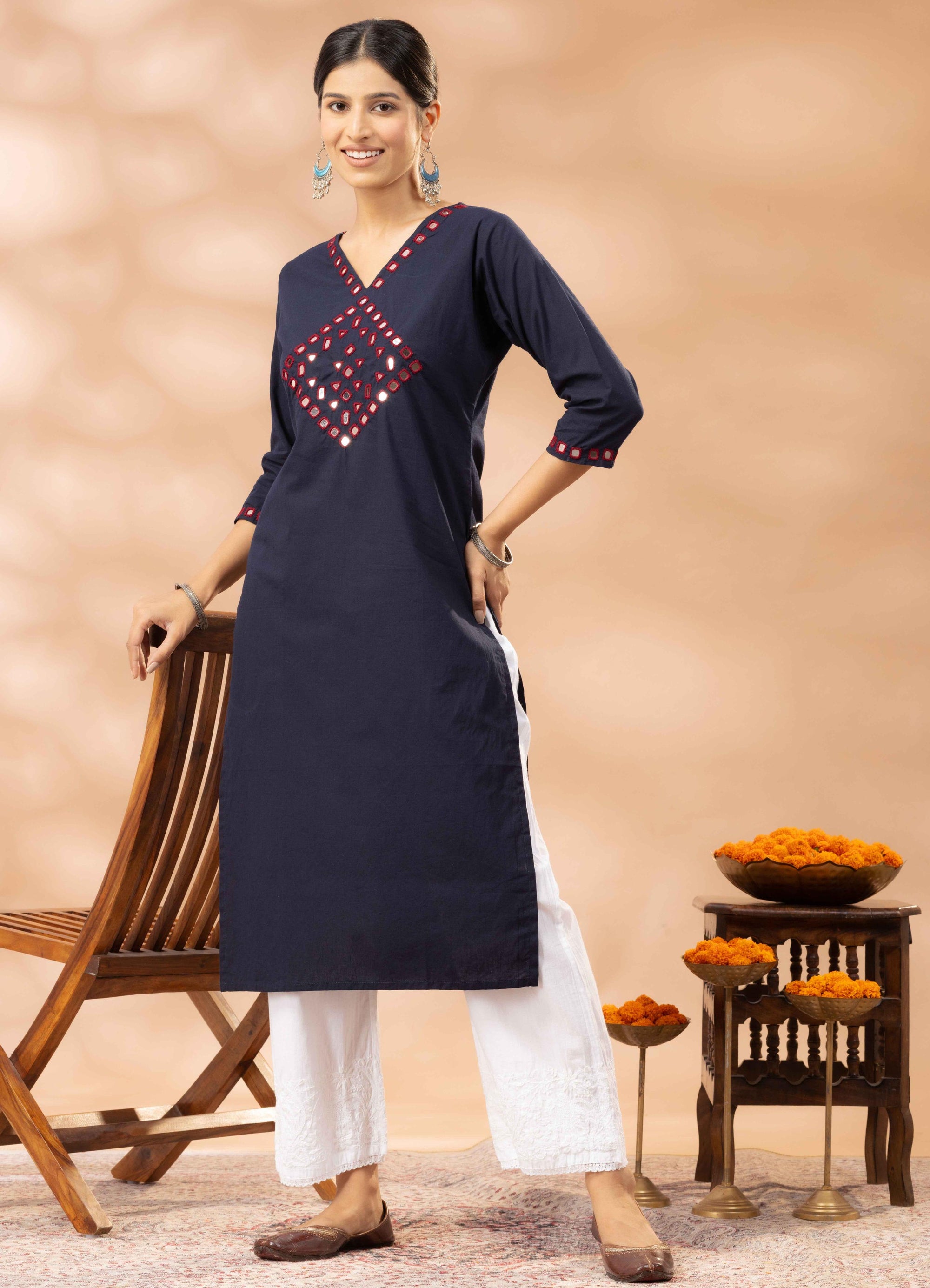 Safa Blue Kutch Mirror Work Cotton Long Kurta