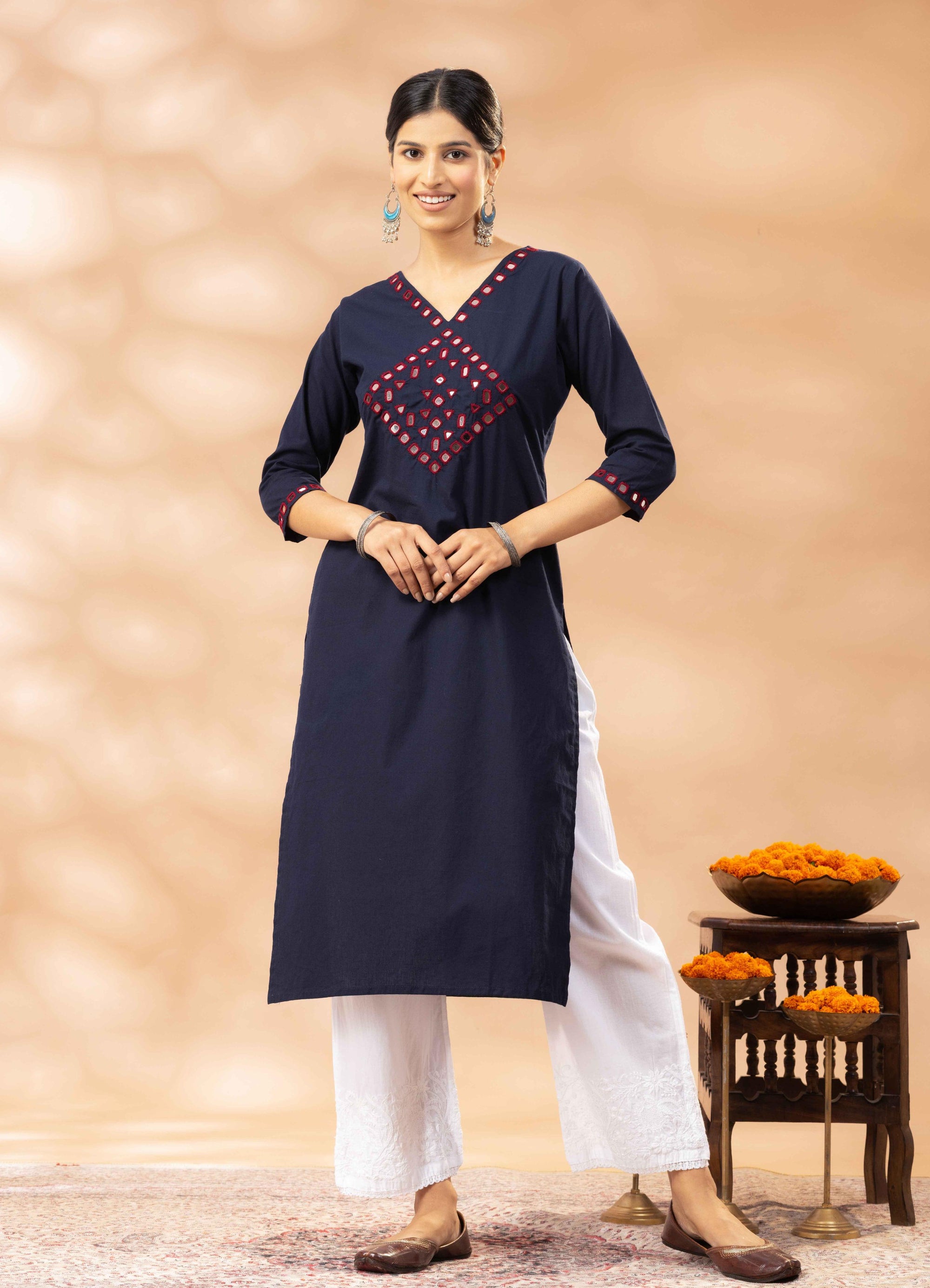 Safa Blue Kutch Mirror Work Cotton Long Kurta