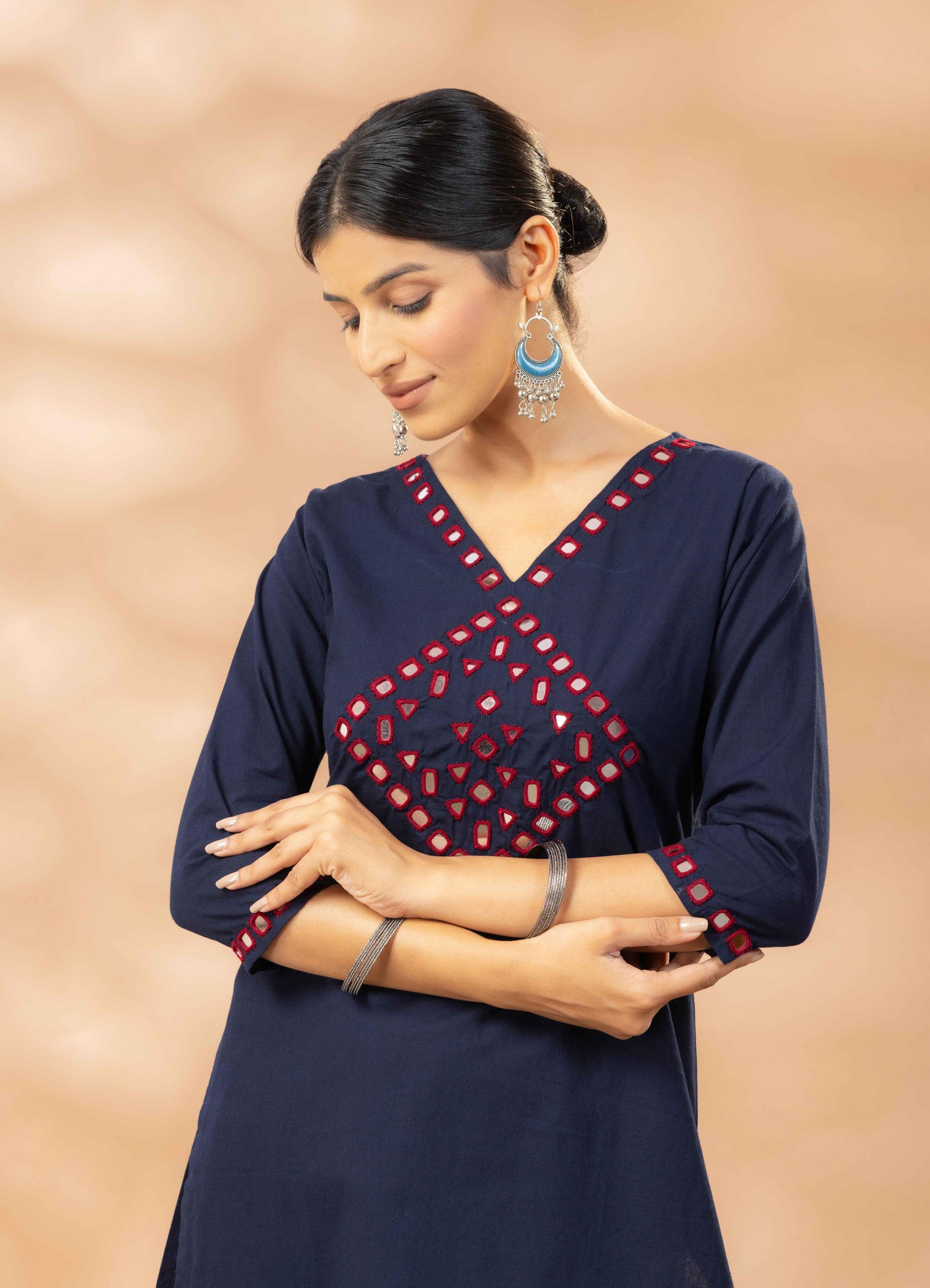 Safa Blue Kutch Mirror Work Cotton Long Kurta