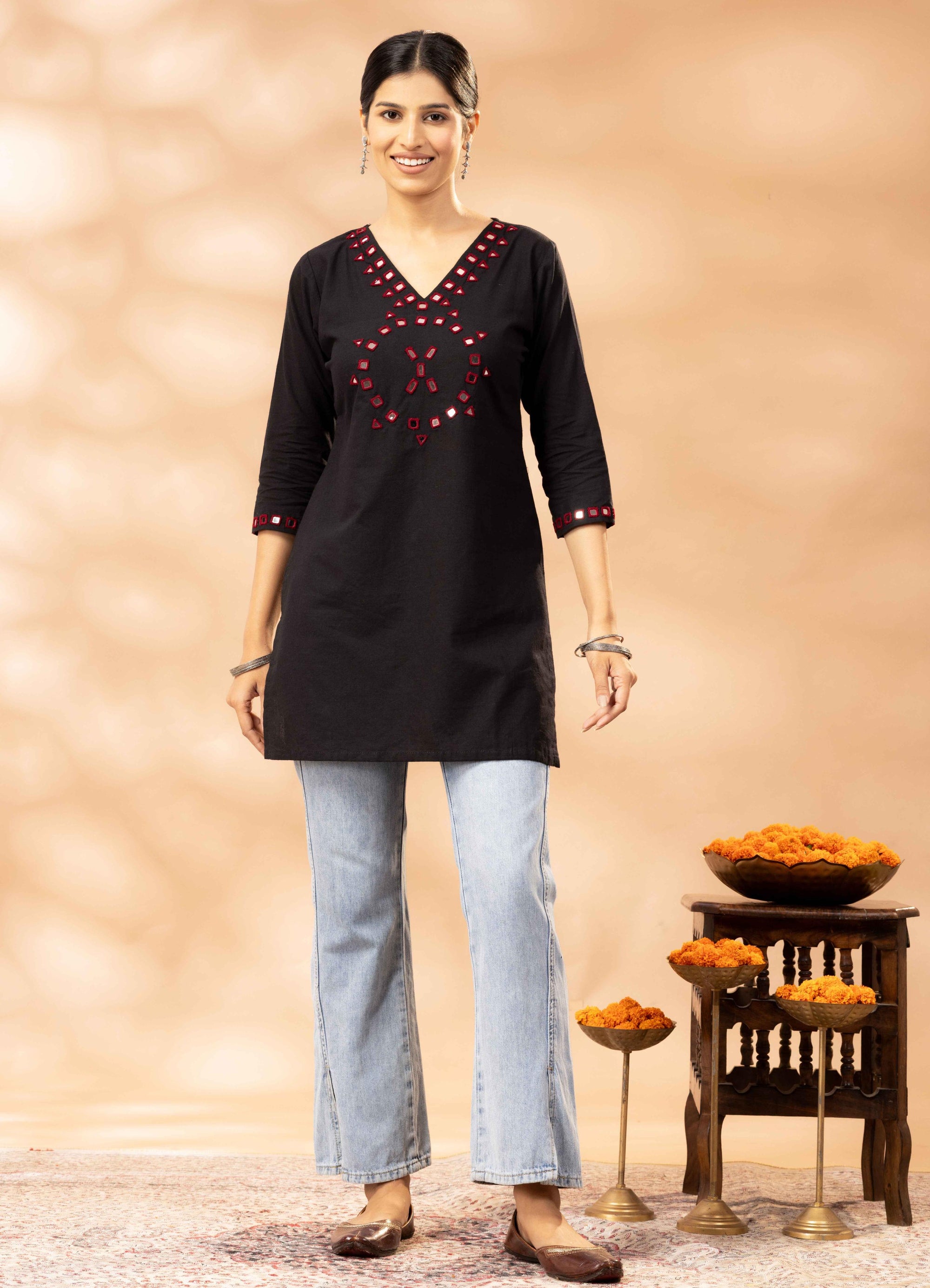 Nuha Black Kutch Mirror Work Cotton Short Kurta