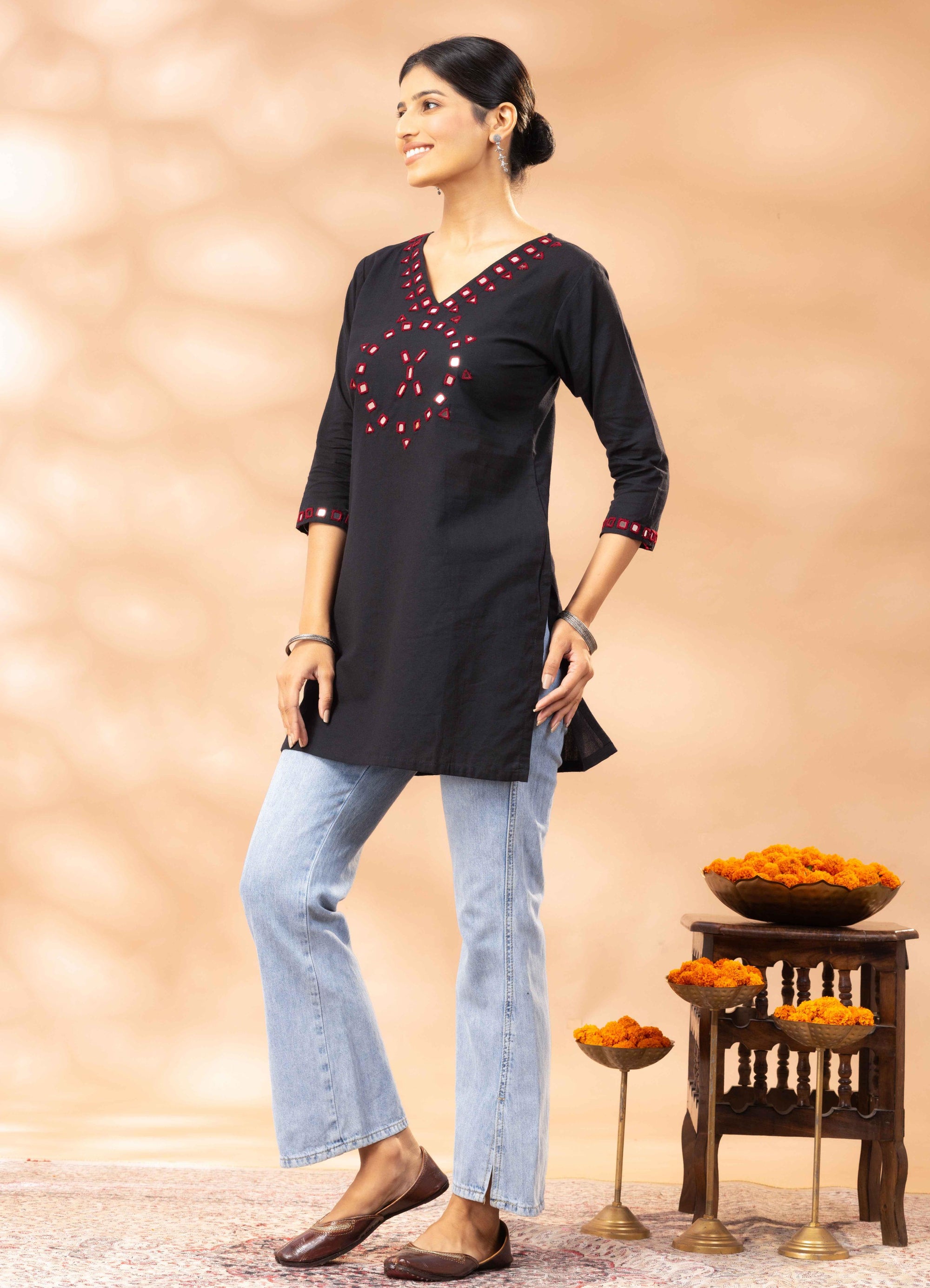 Nuha Black Kutch Mirror Work Cotton Short Kurta