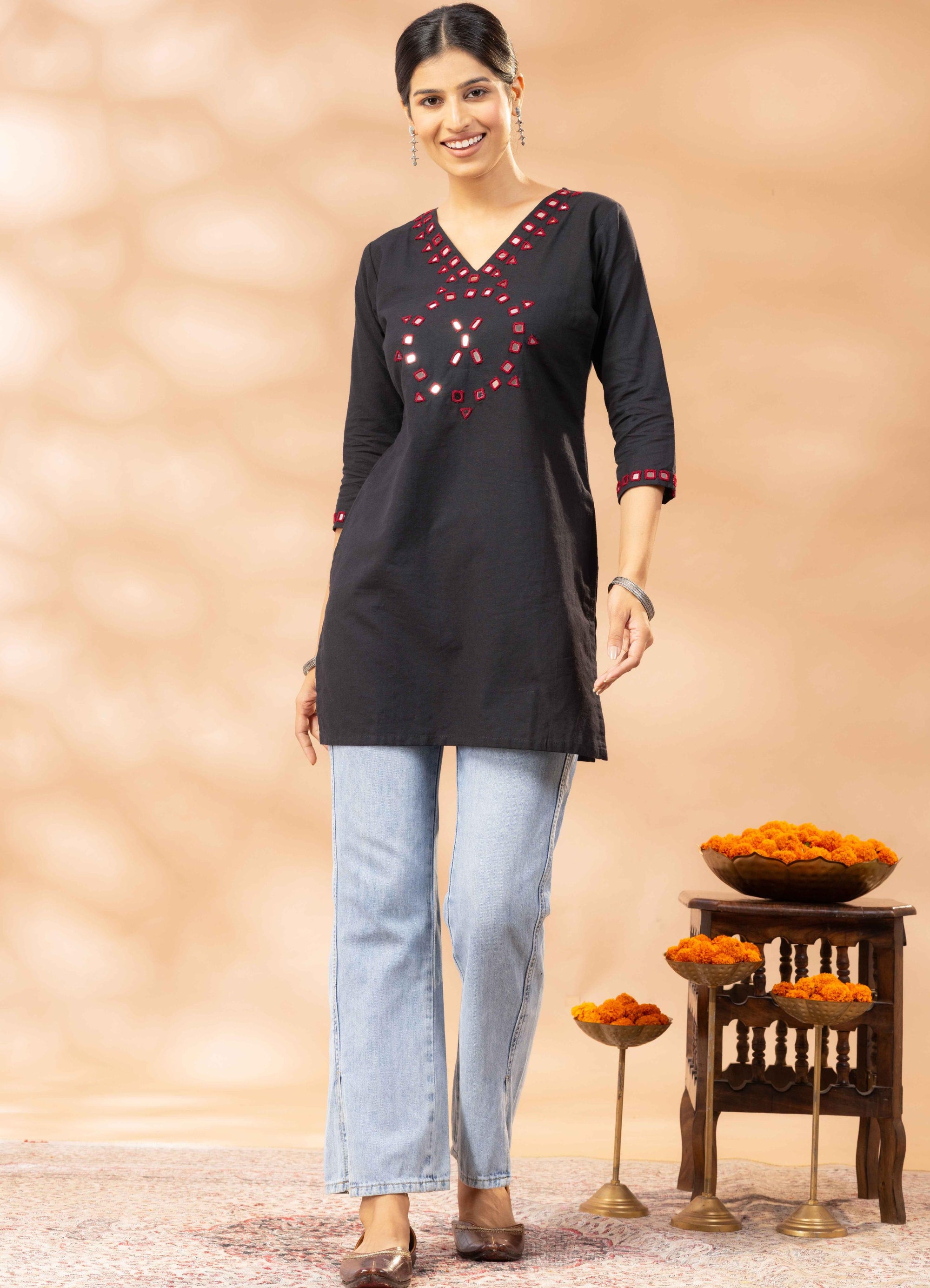 Nuha Black Kutch Mirror Work Cotton Short Kurta