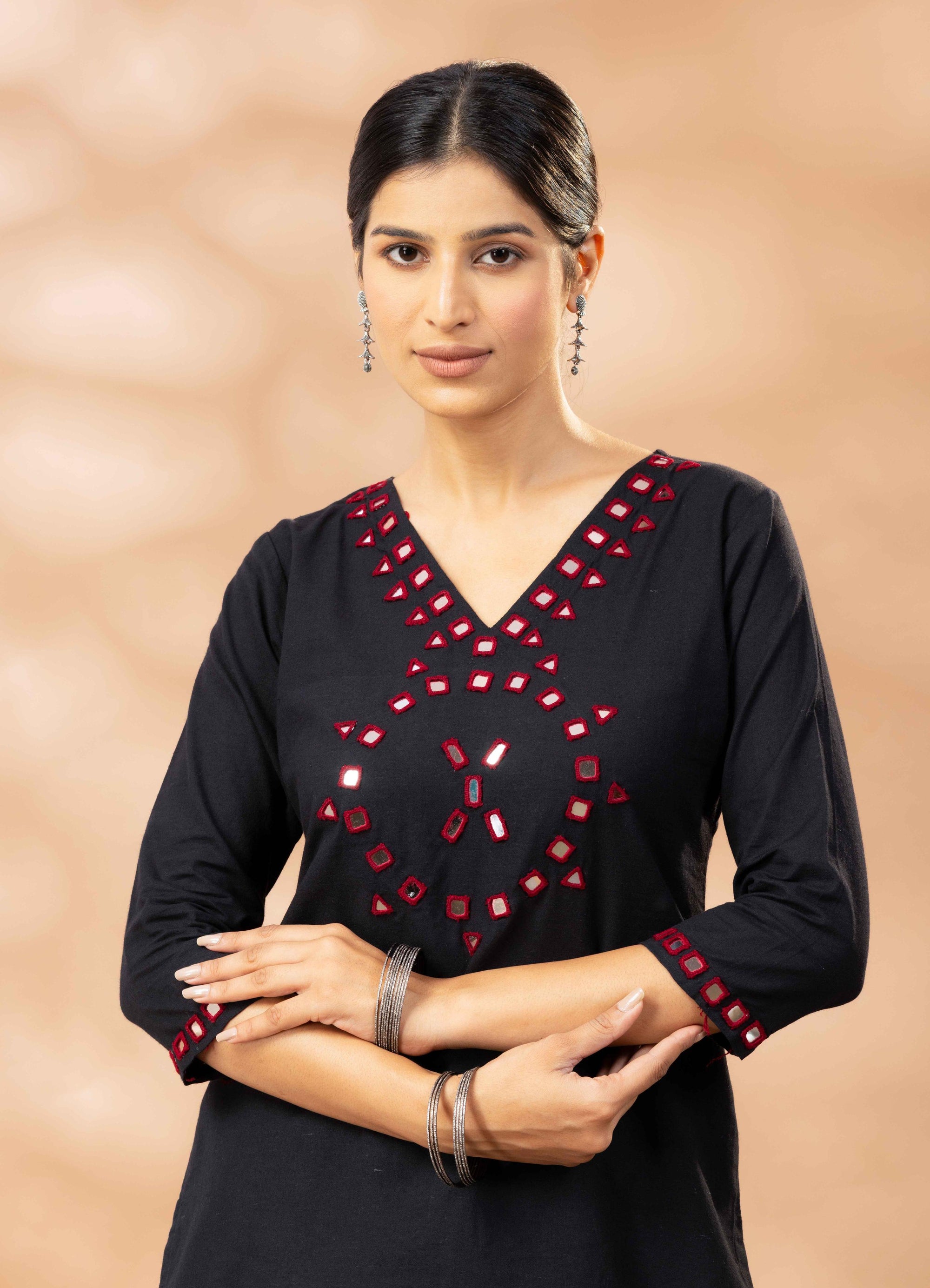 Nuha Black Kutch Mirror Work Cotton Short Kurta