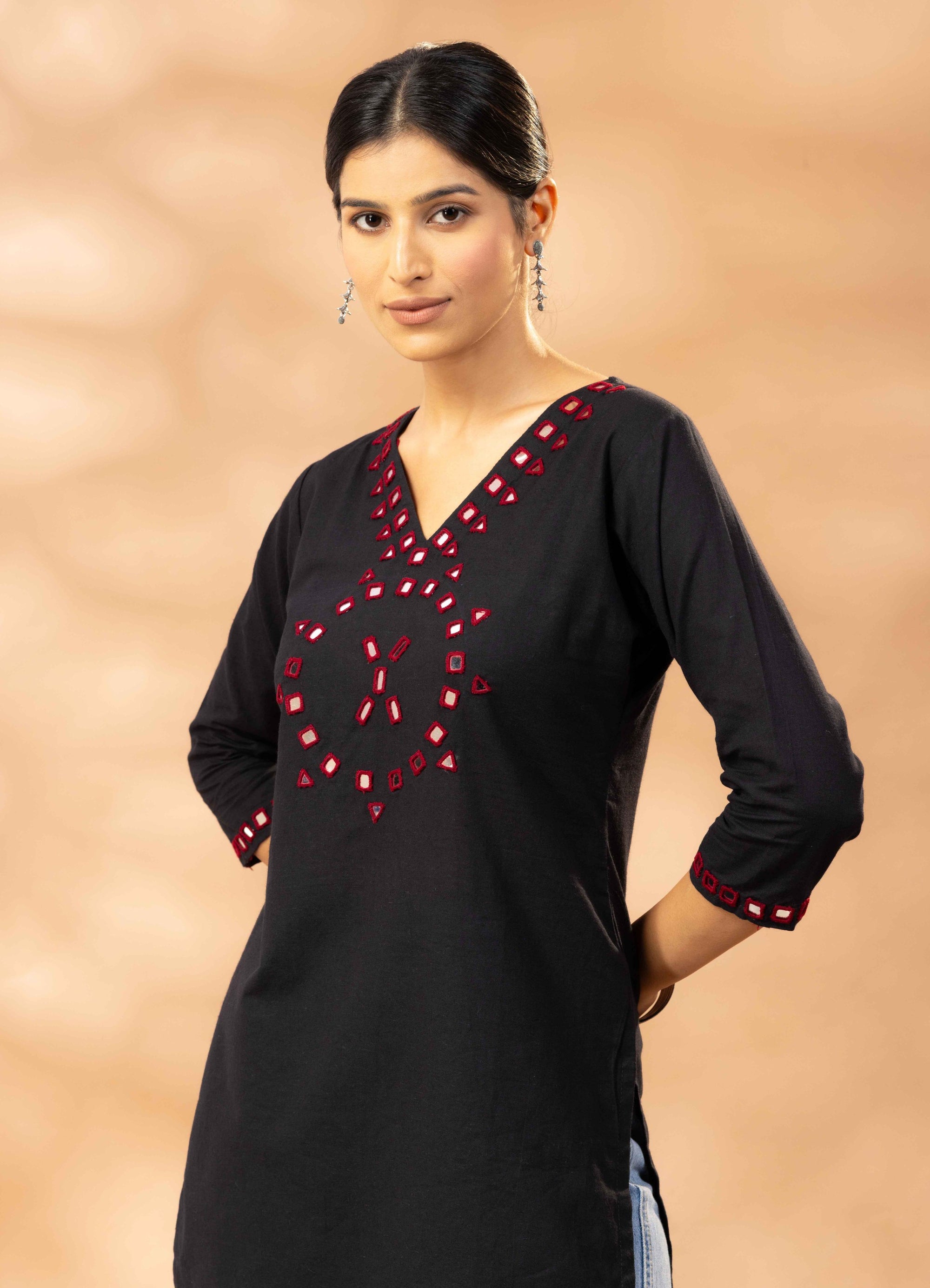 Nuha Black Kutch Mirror Work Cotton Short Kurta