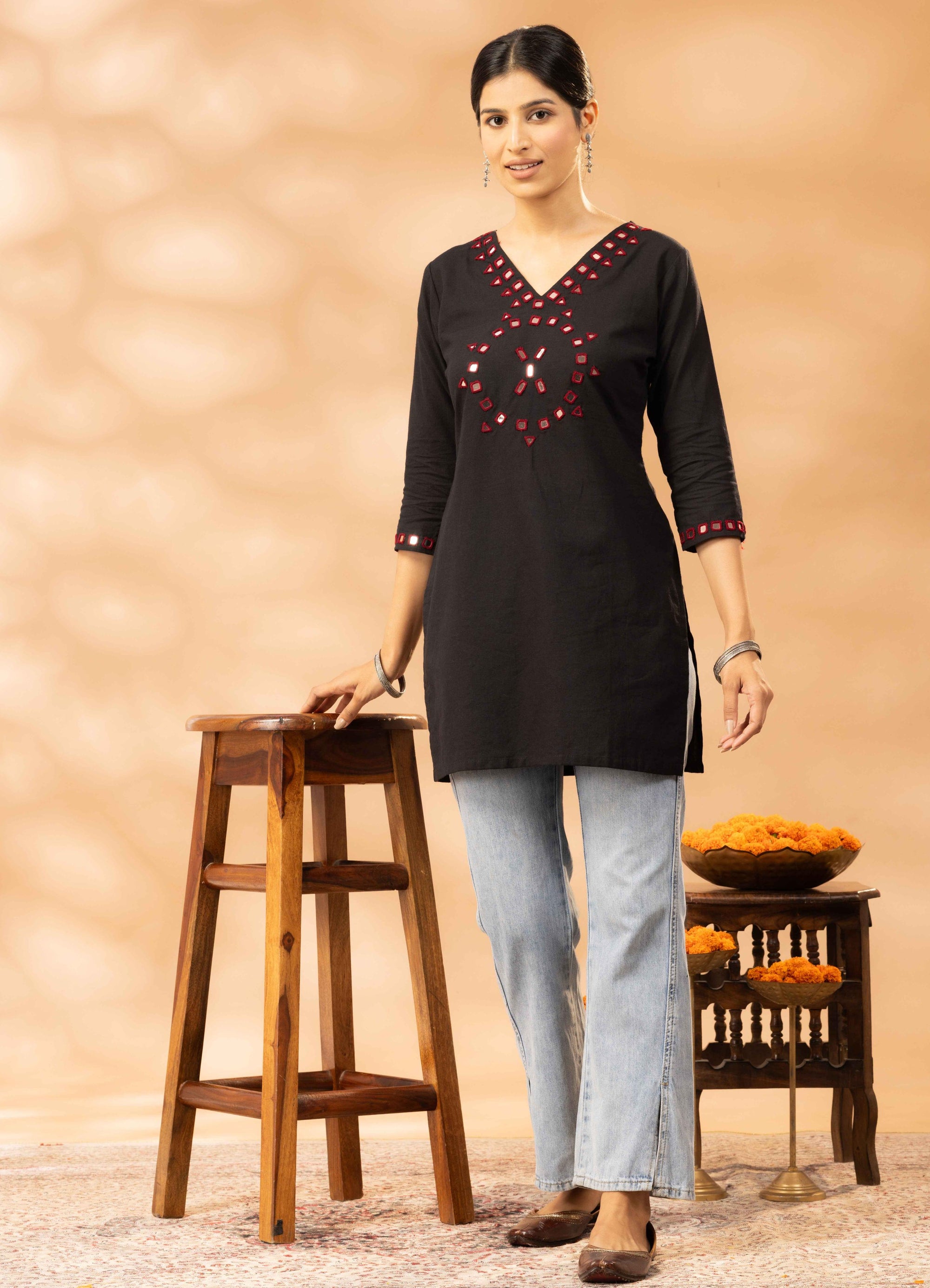 Nuha Black Kutch Mirror Work Cotton Short Kurta