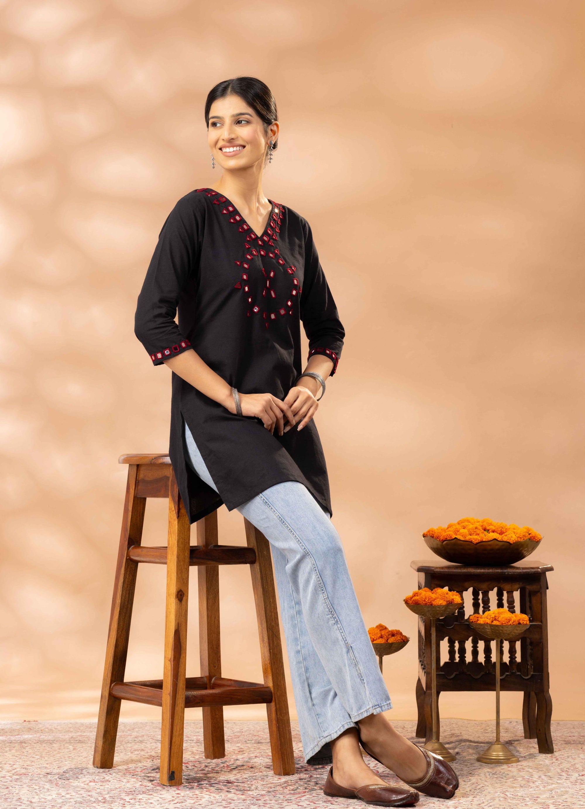 Nuha Black Kutch Mirror Work Cotton Short Kurta