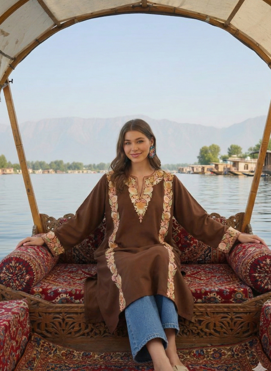 Eshita Mud Brown Woollen Kashmiri Phiran for Women | Winter Wear