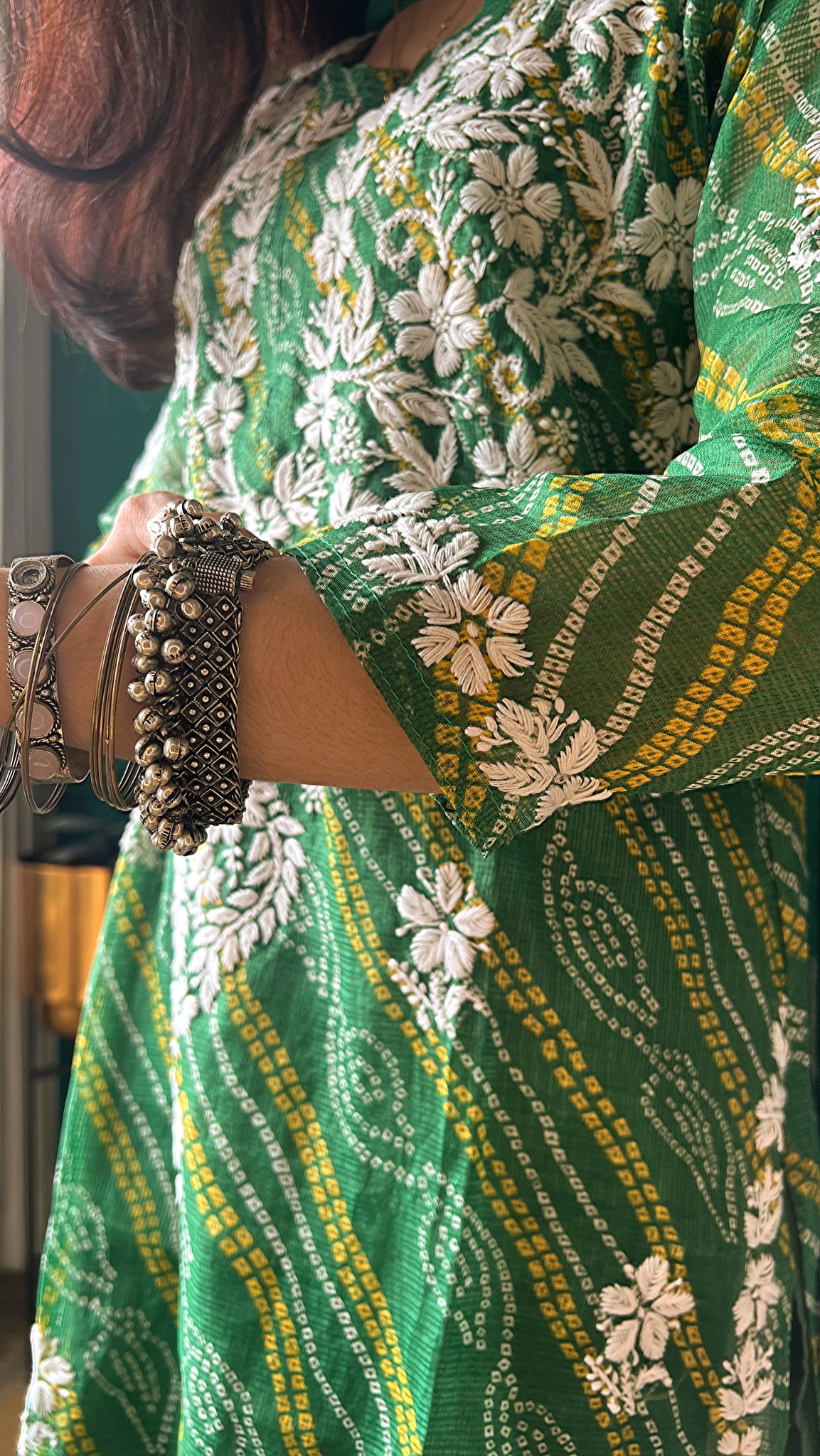 Ulfat Panna Green Bandhej-Chikan Cotton Kurta
