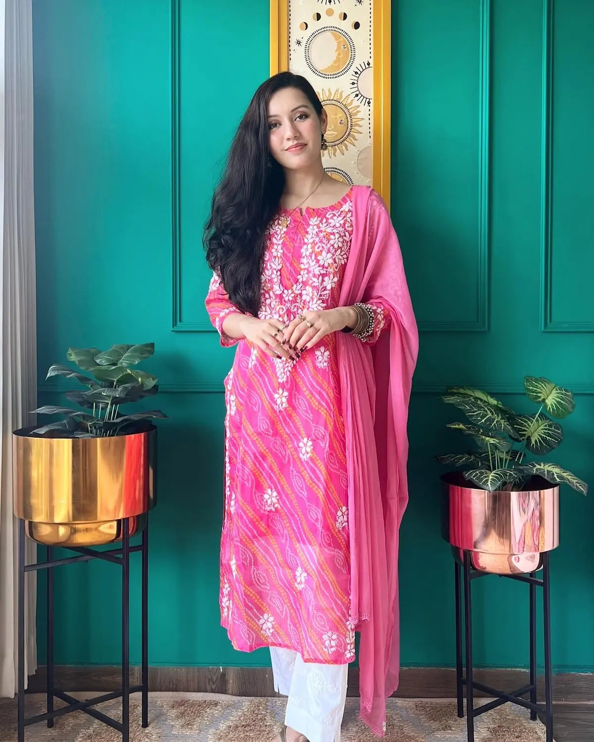 pink bandhej chikan kurta 3