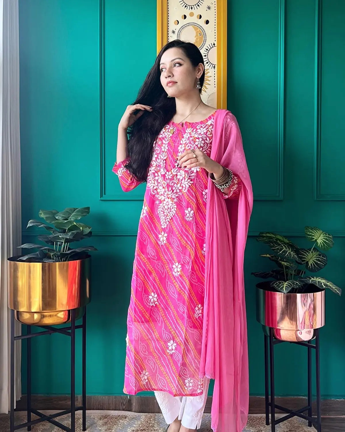 pink bandhej chikan kurta 5