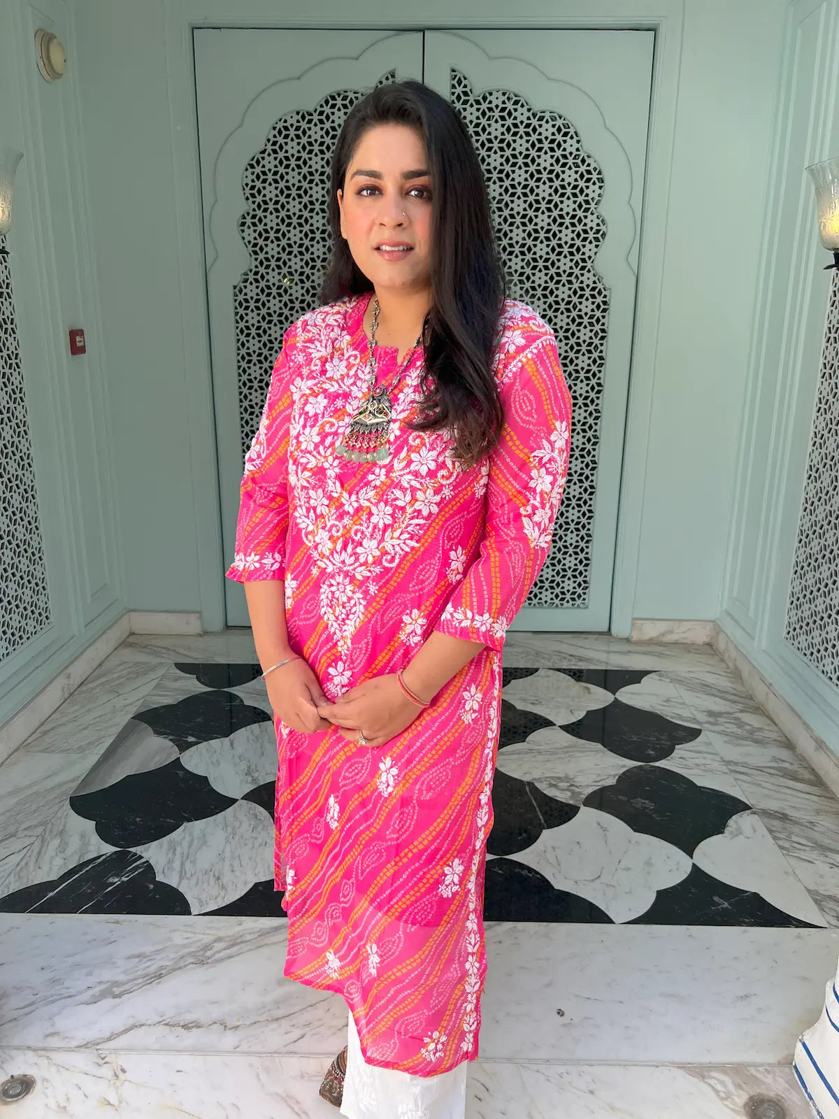 pink bandhej chikan kurta 7
