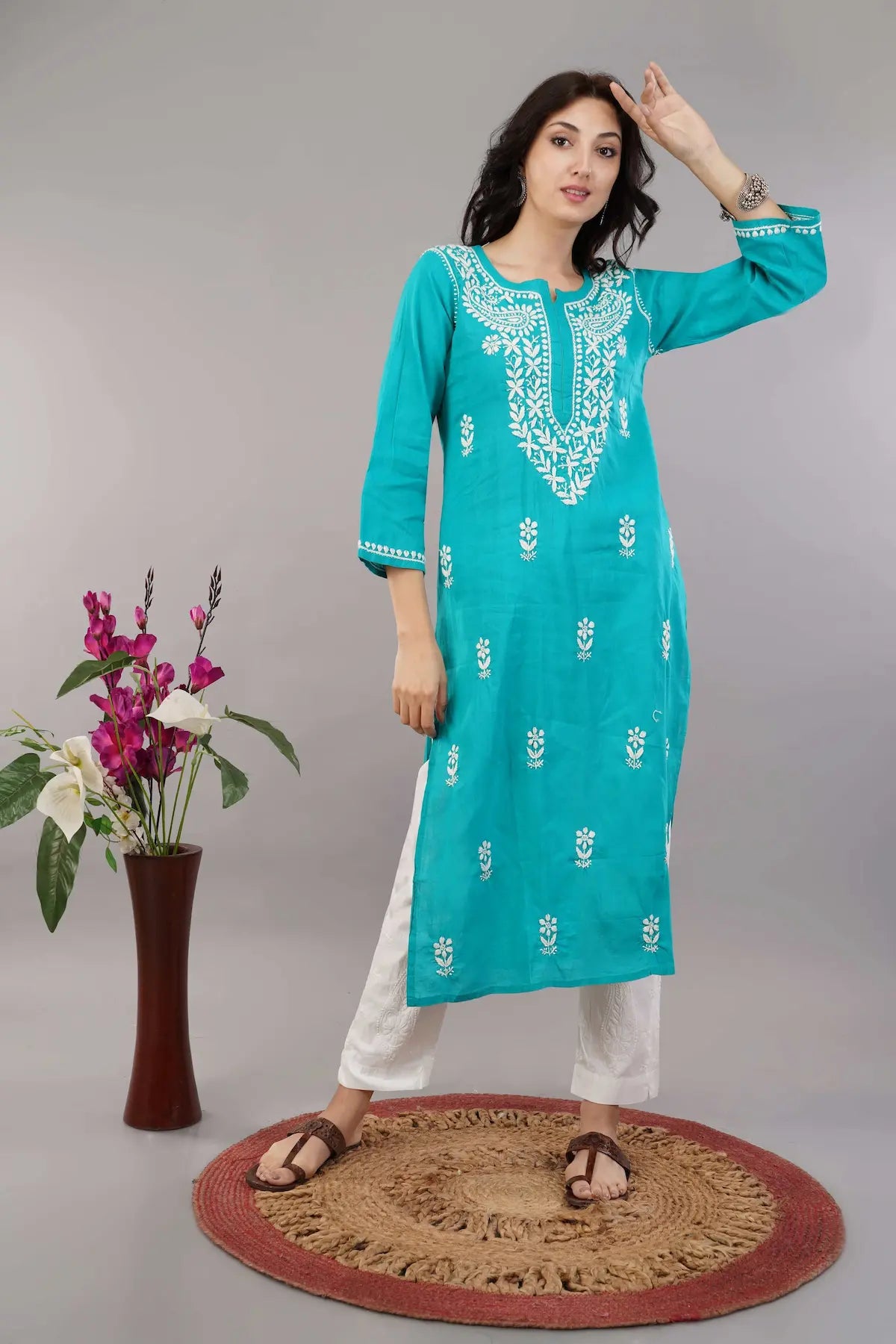 teal green chikankari kurta 1