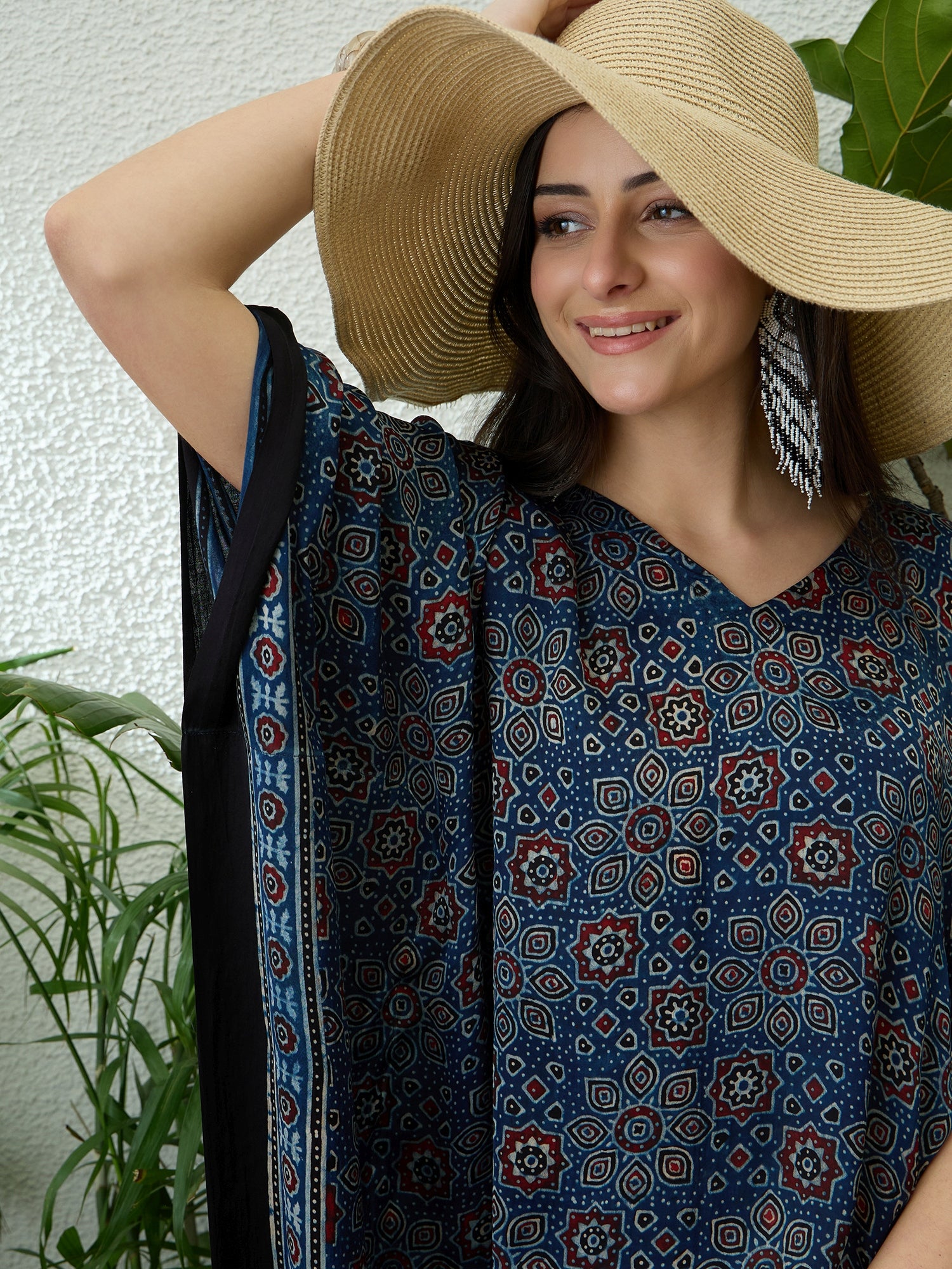 Anum Handblocked Ajrakh Indigo Blue Modal Silk Kaftan