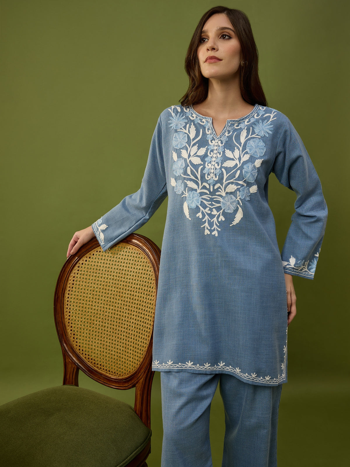 Aakifa Denim Cotton Aari Embroidery Kurta and Pants Coord Set